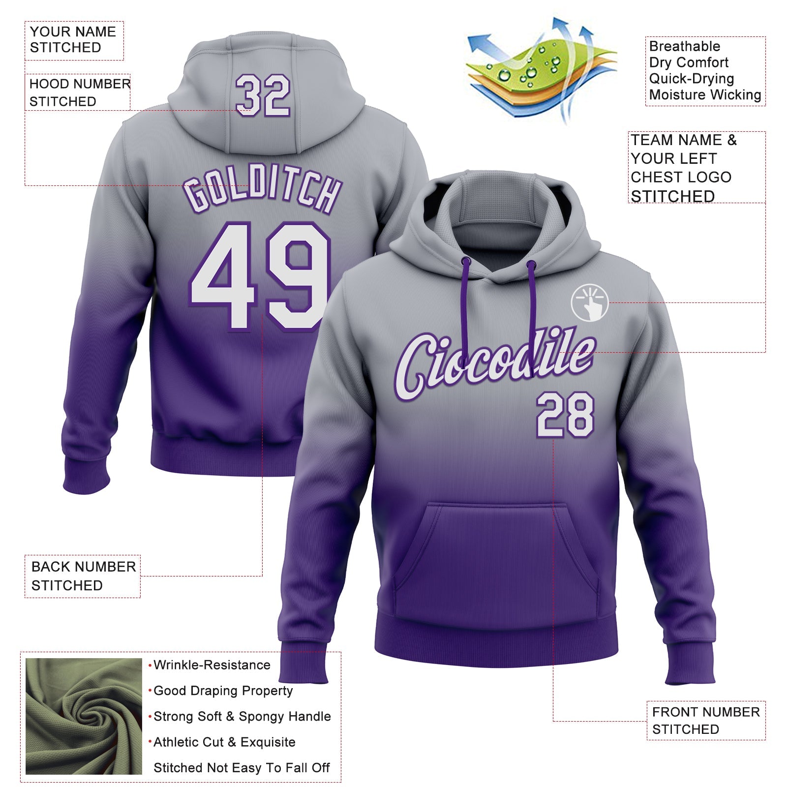 Custom Stitched Gray White-Purple Fade Fashion Sports Pullover Sweatshirt Hoodie view 2