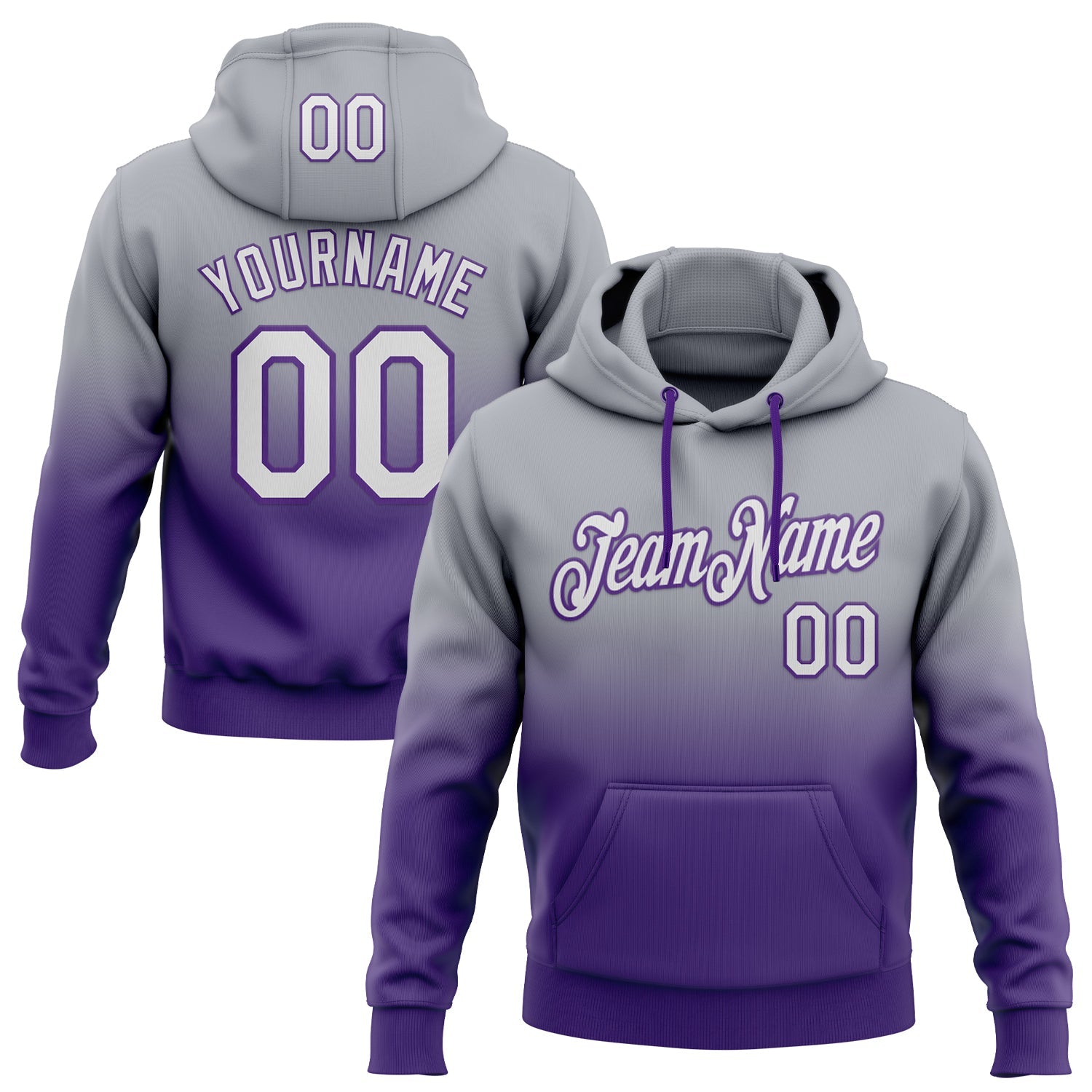 Custom Stitched Gray White-Purple Fade Fashion Sports Pullover Sweatshirt Hoodie - Main View