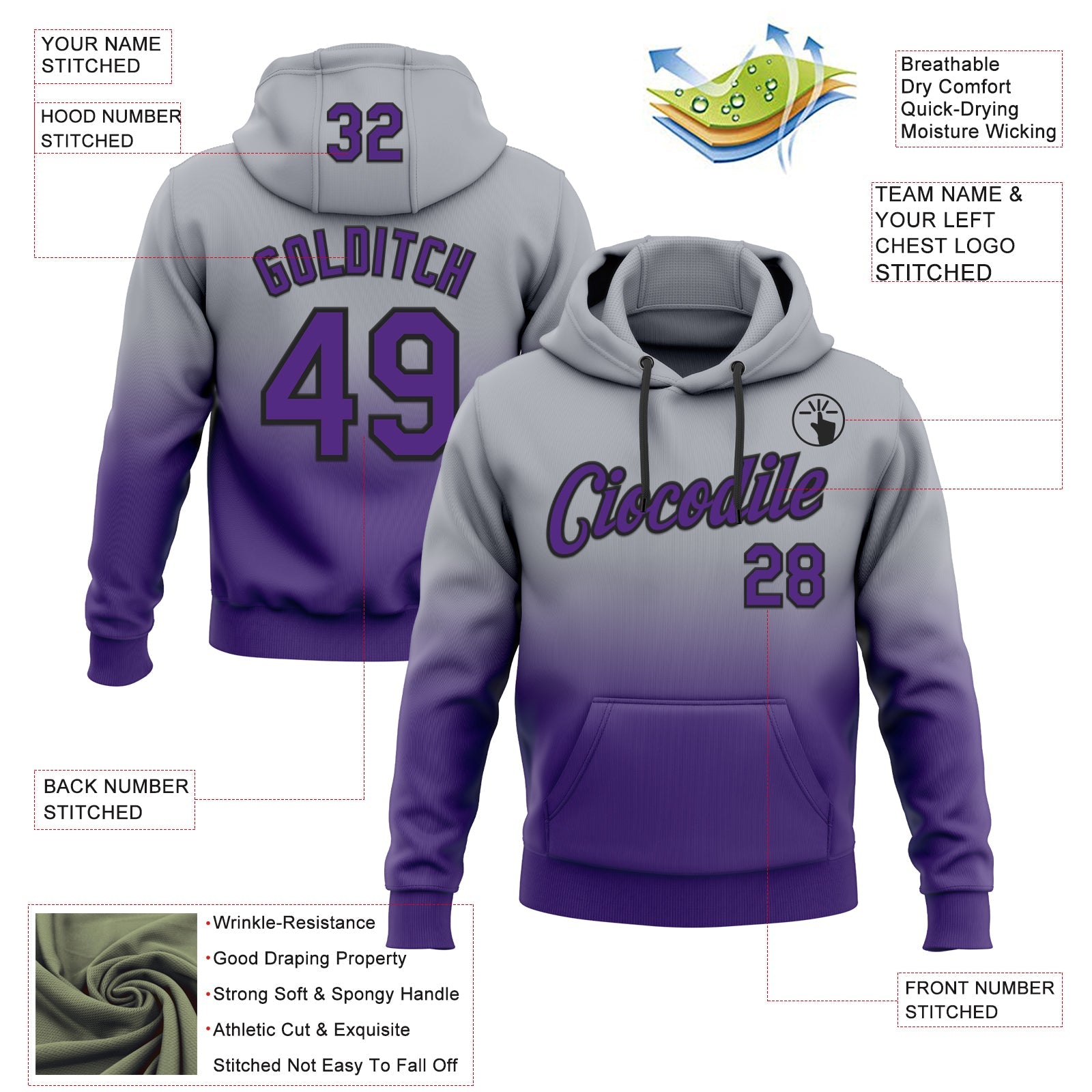 Custom Stitched Gray Purple-Black Fade Fashion Sports Pullover Sweatshirt Hoodie view 2