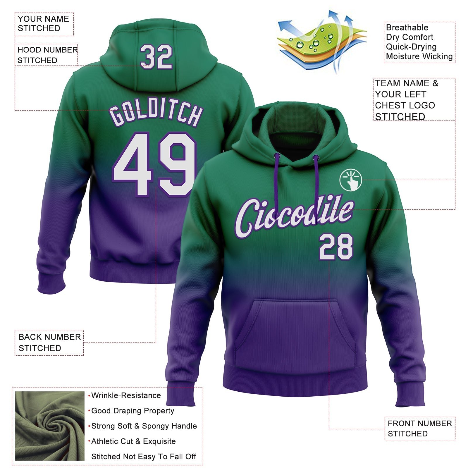 Custom Stitched Kelly Green White-Purple Fade Fashion Sports Pullover Sweatshirt Hoodie view 2