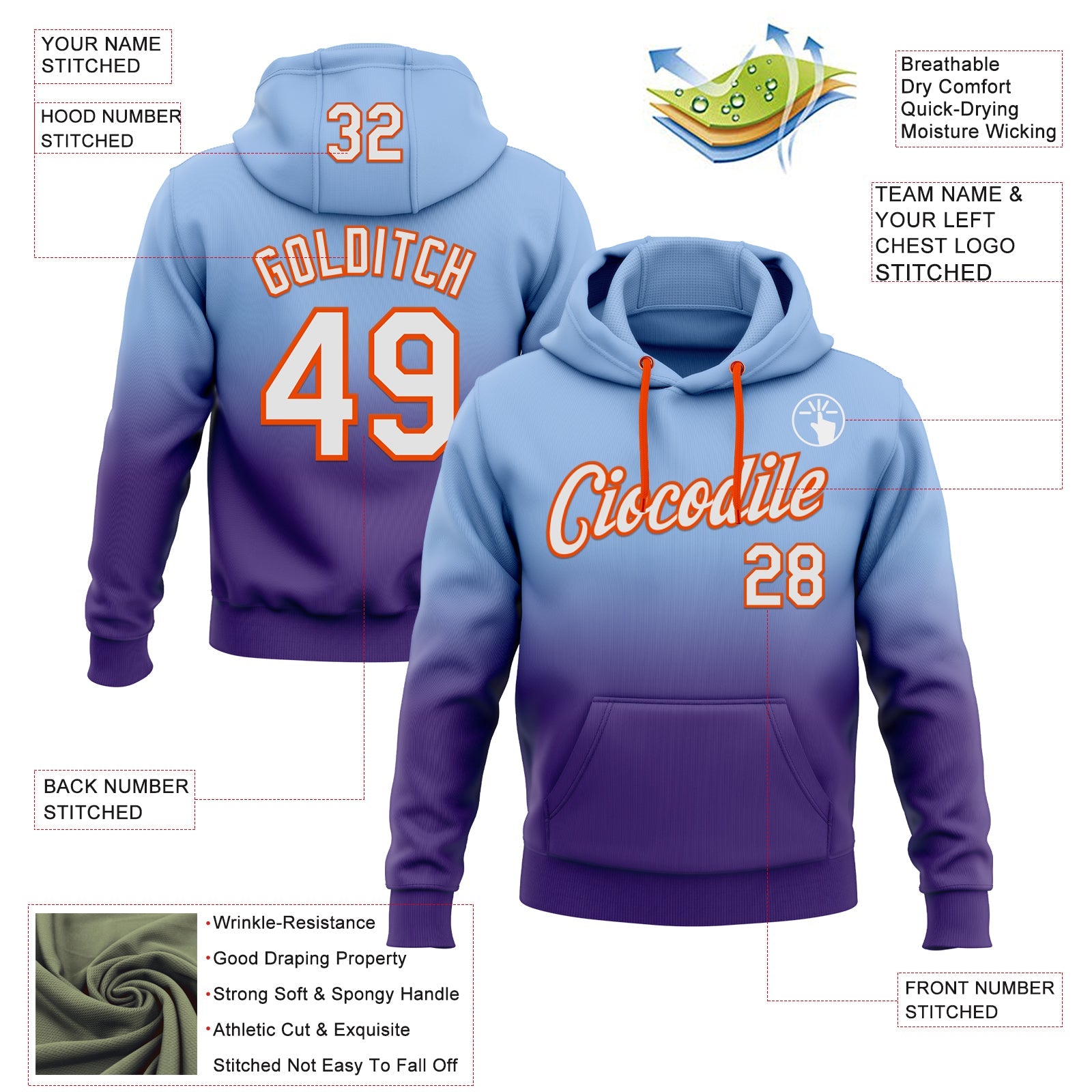 Custom Stitched Light Blue White Purple-Orange Fade Fashion Sports Pullover Sweatshirt Hoodie view 2
