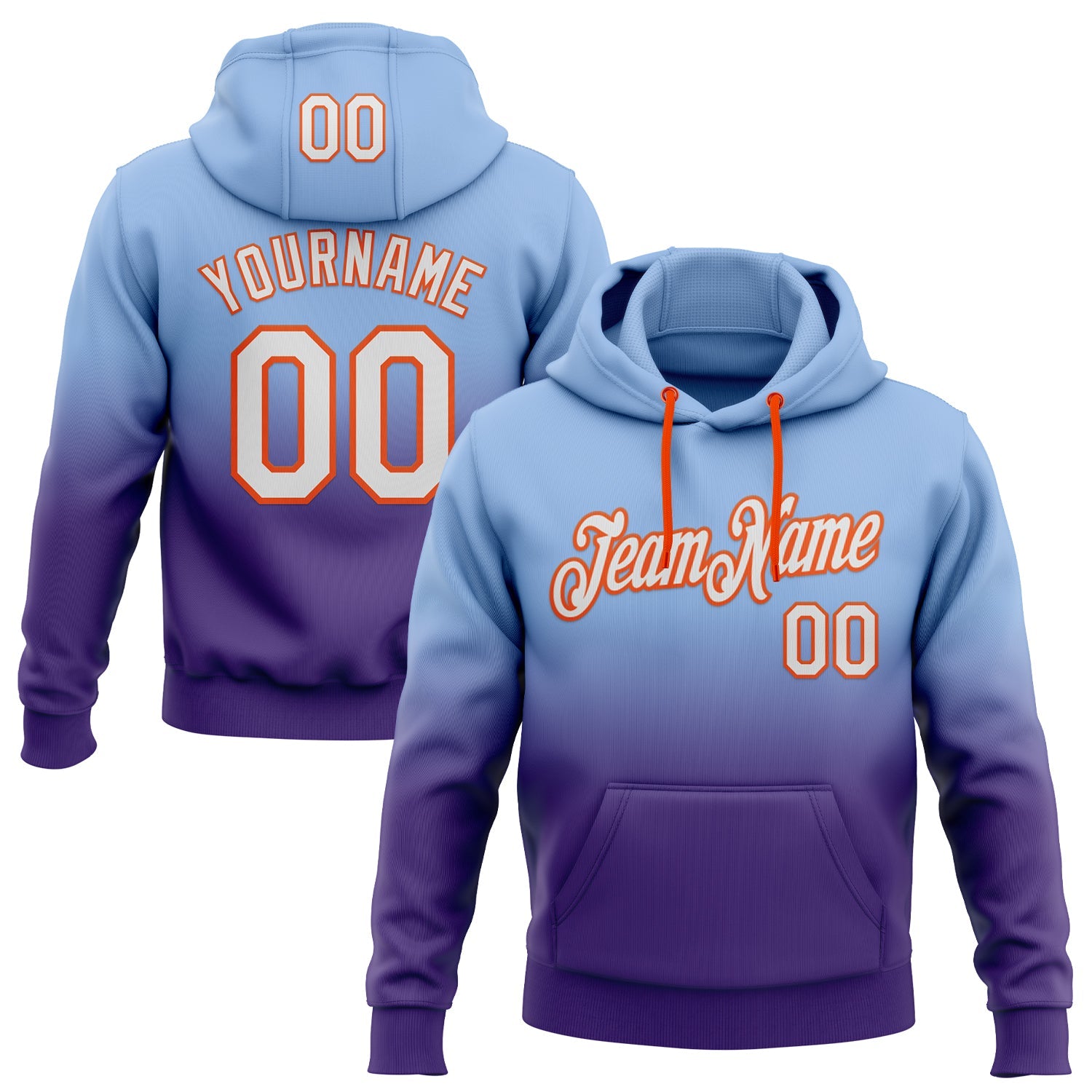 Custom Stitched Light Blue White Purple-Orange Fade Fashion Sports Pullover Sweatshirt Hoodie - Main View