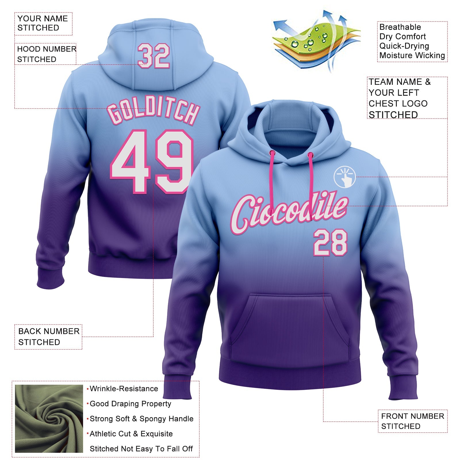 Custom Stitched Light Blue White Purple-Pink Fade Fashion Sports Pullover Sweatshirt Hoodie view 2