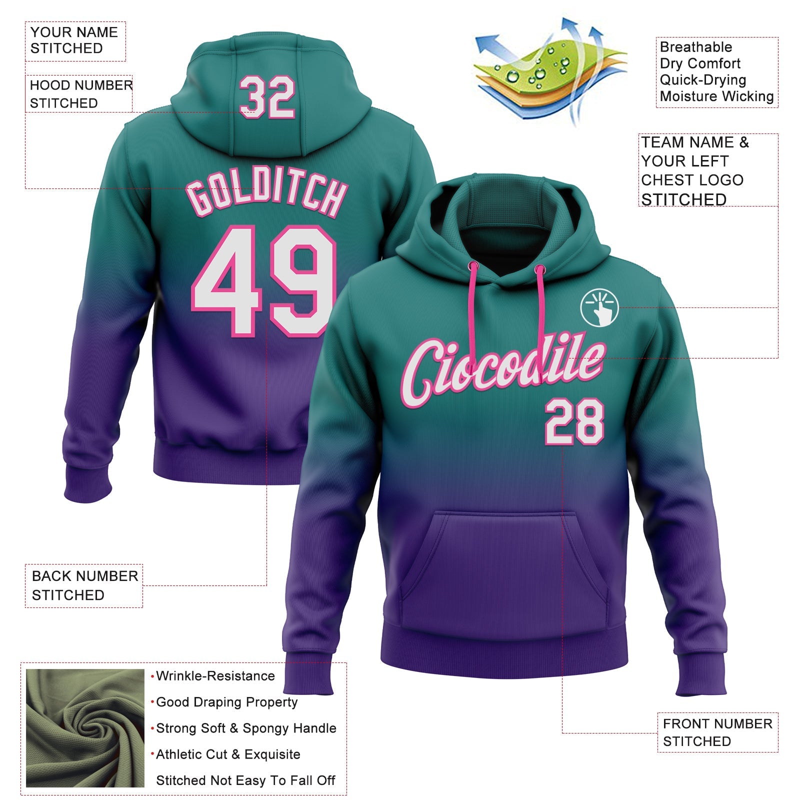 Custom Stitched Teal White Purple-Pink Fade Fashion Sports Pullover Sweatshirt Hoodie view 2