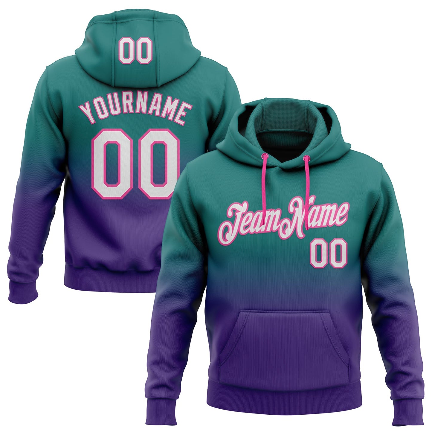 Custom Stitched Teal White Purple-Pink Fade Fashion Sports Pullover Sweatshirt Hoodie - Main View