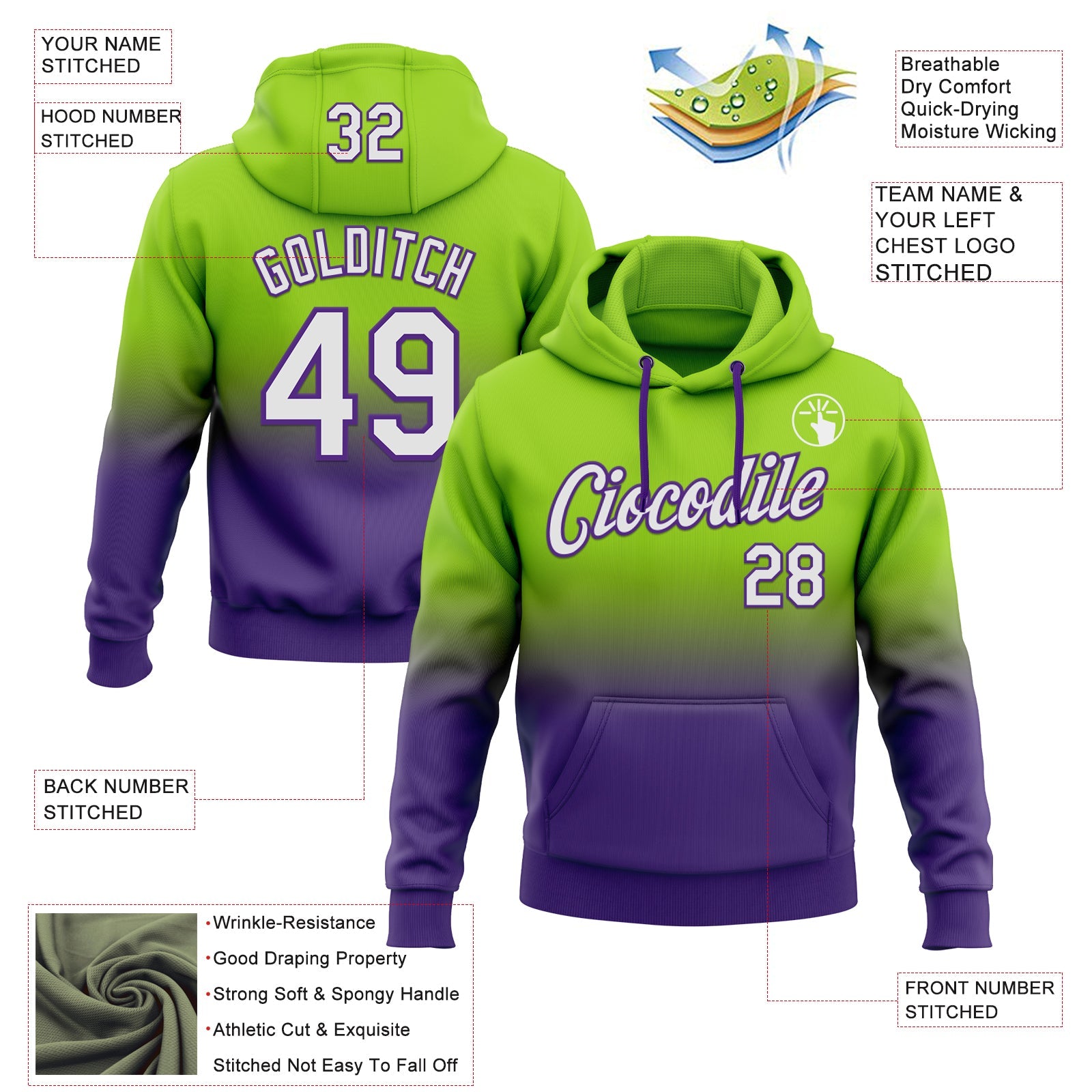 Custom Stitched Neon Green White-Purple Fade Fashion Sports Pullover Sweatshirt Hoodie view 2