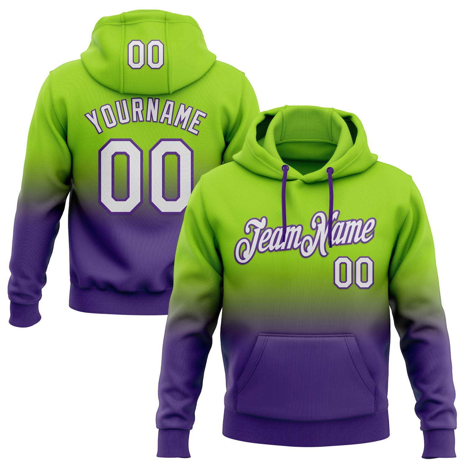 Custom Stitched Neon Green White-Purple Fade Fashion Sports Pullover Sweatshirt Hoodie - Main View