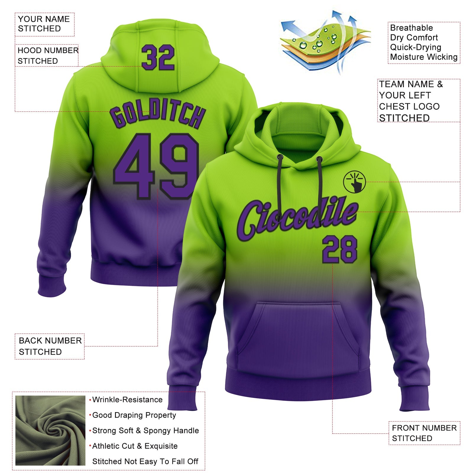 Custom Stitched Neon Green Purple-Black Fade Fashion Sports Pullover Sweatshirt Hoodie view 2