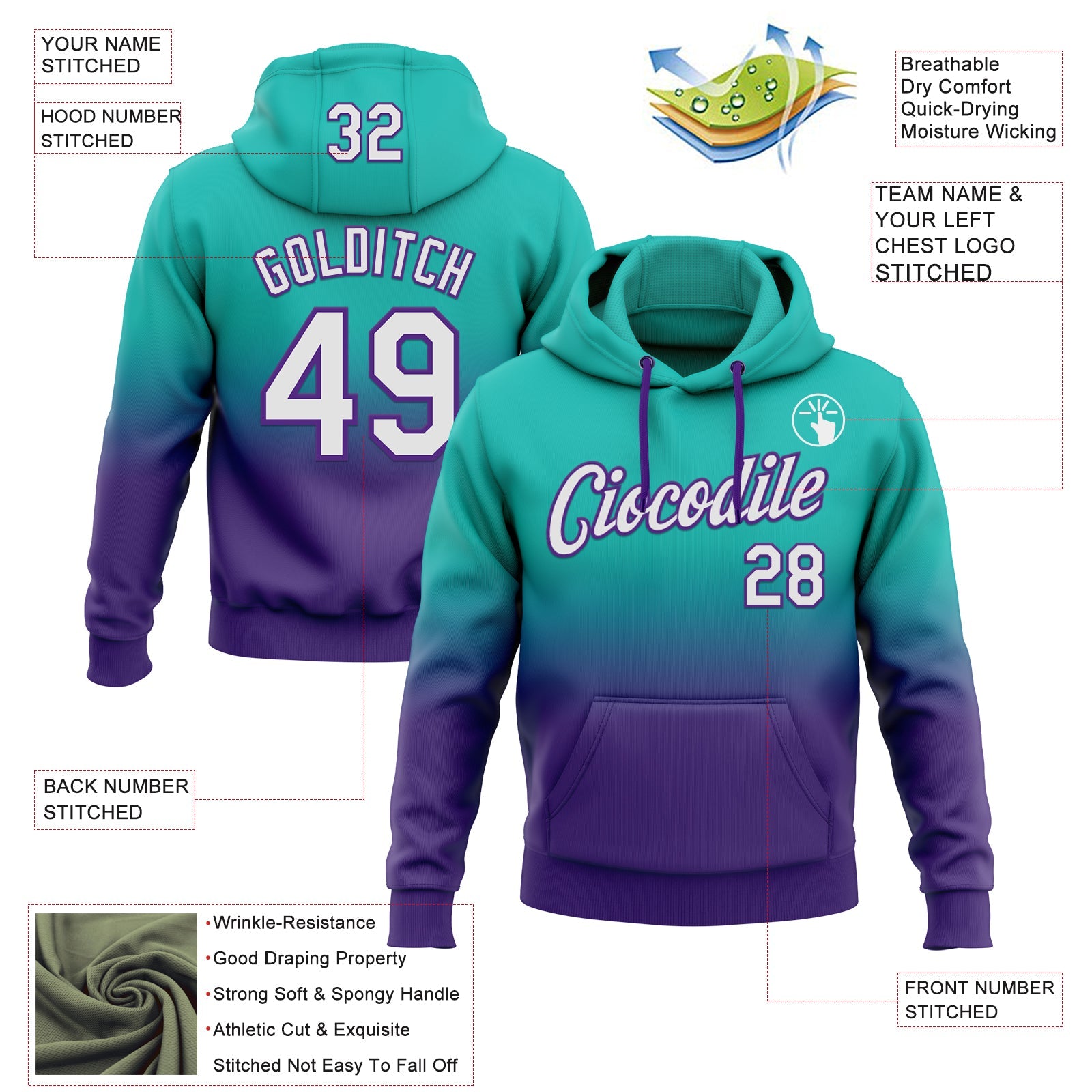 Custom Stitched Aqua White-Purple Fade Fashion Sports Pullover Sweatshirt Hoodie view 2