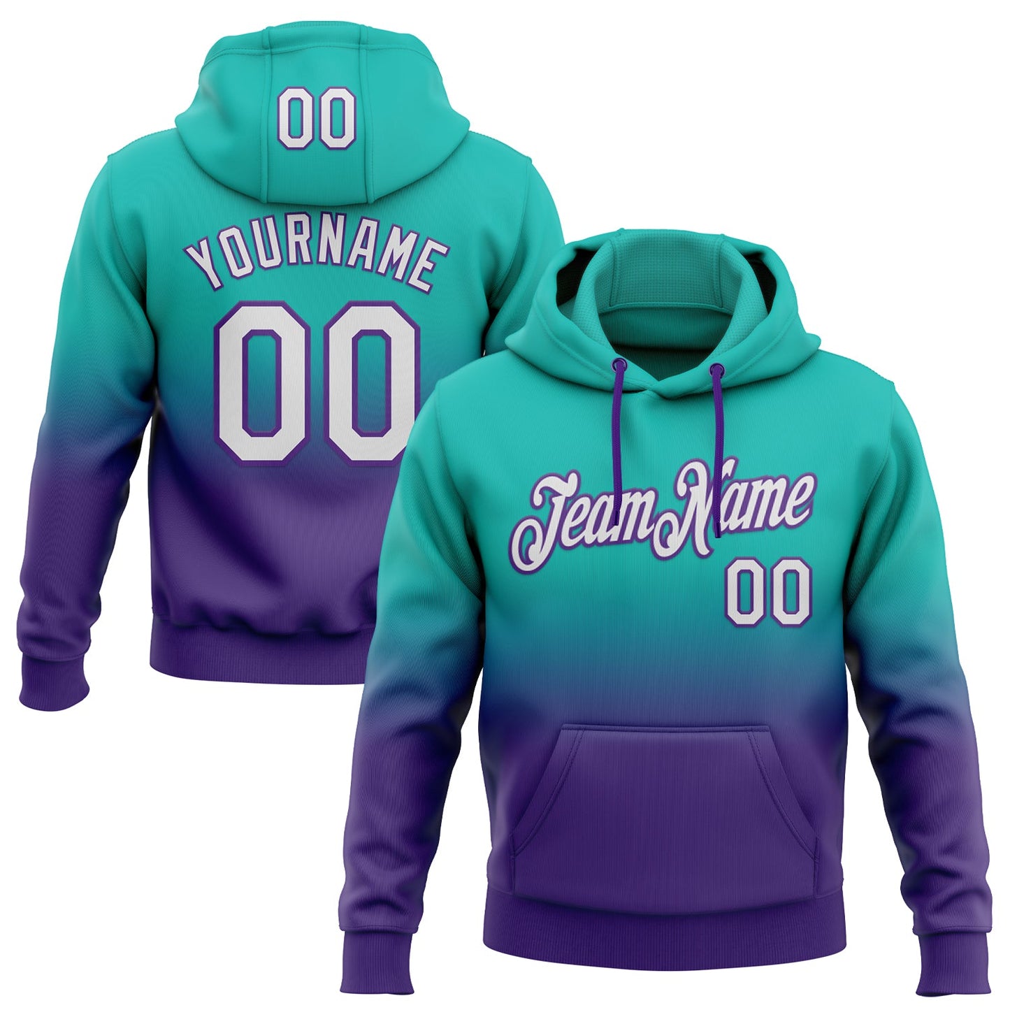 Custom Stitched Aqua White-Purple Fade Fashion Sports Pullover Sweatshirt Hoodie - Main View