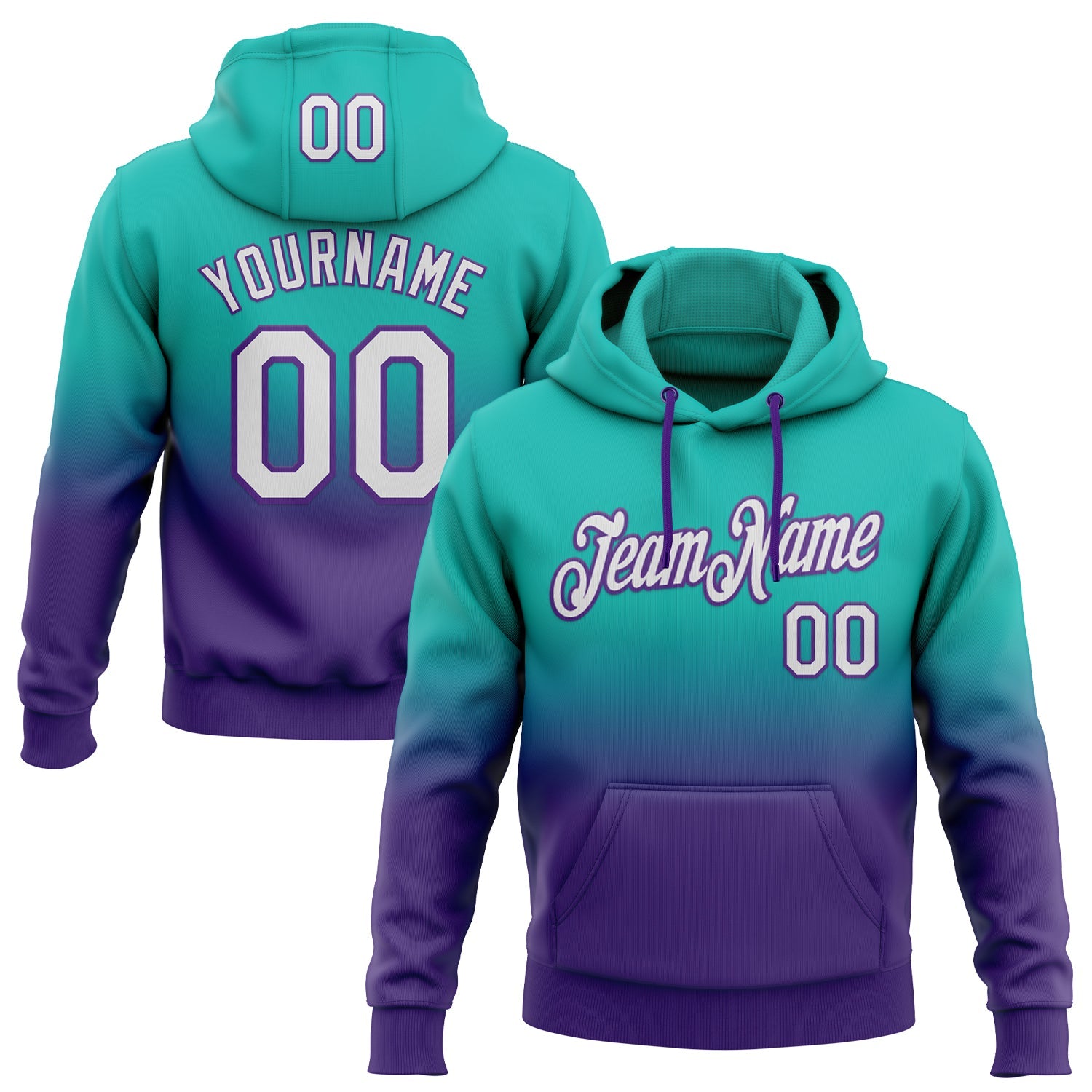 Custom Stitched Aqua White-Purple Fade Fashion Sports Pullover Sweatshirt Hoodie - Main View