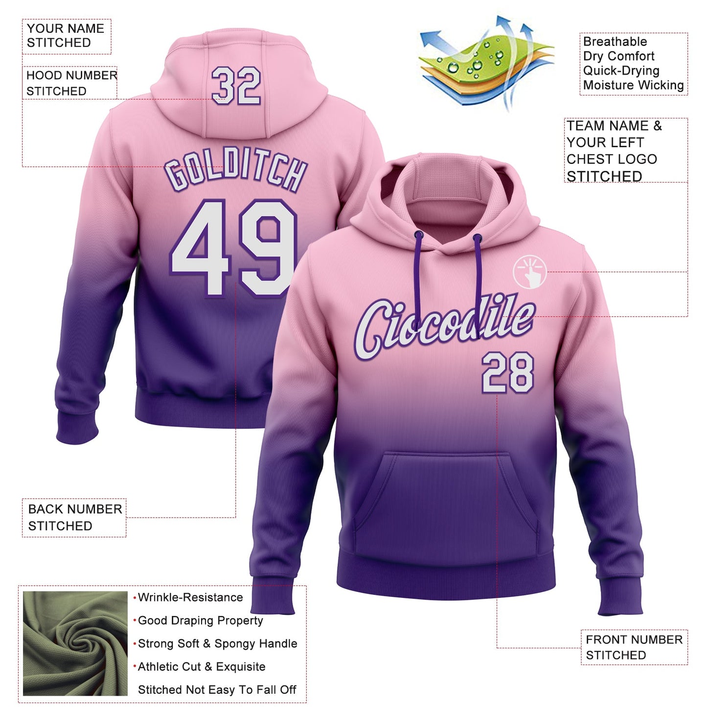 Custom Stitched Light Pink White-Purple Fade Fashion Sports Pullover Sweatshirt Hoodie view 2