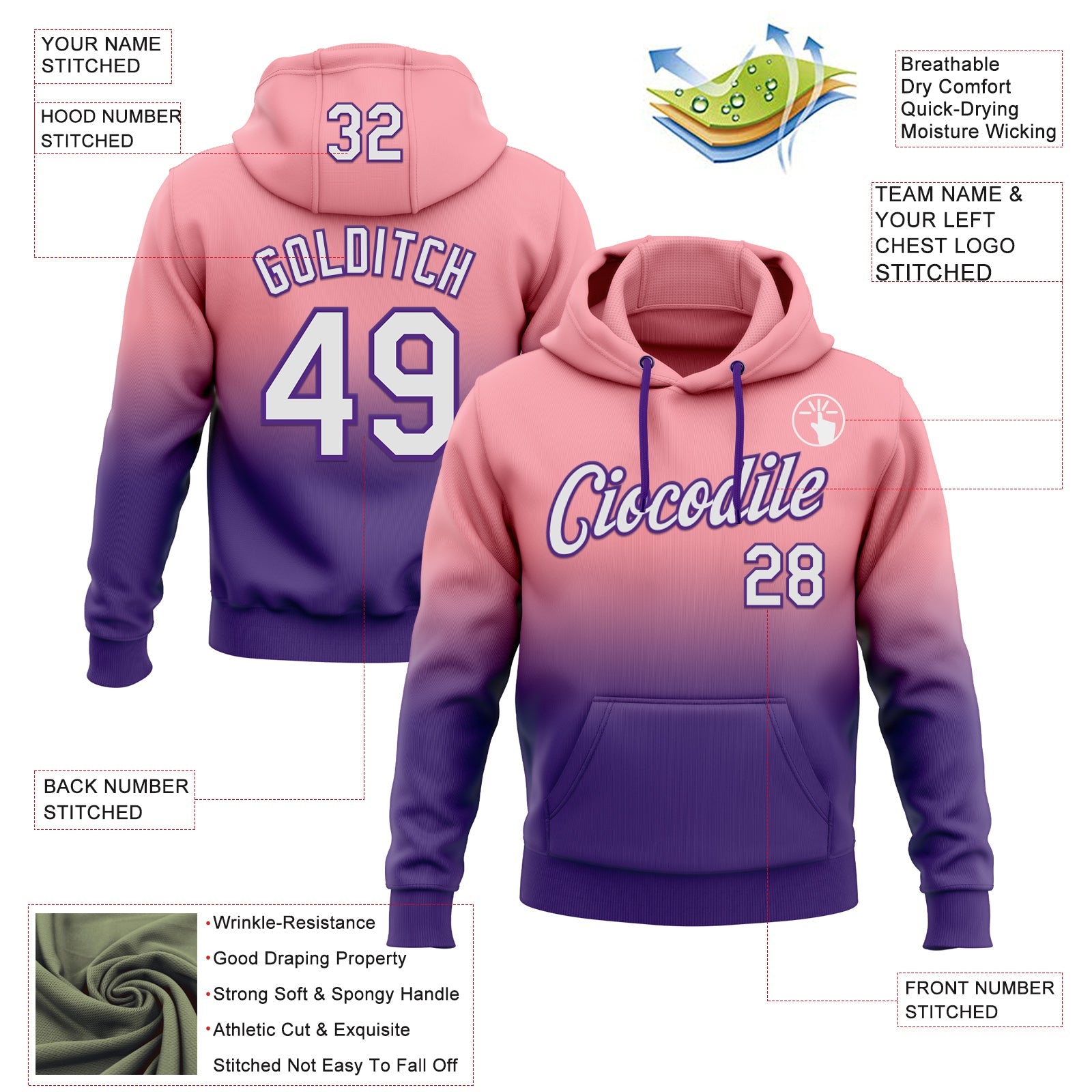 Custom Stitched Medium Pink White-Purple Fade Fashion Sports Pullover Sweatshirt Hoodie view 2