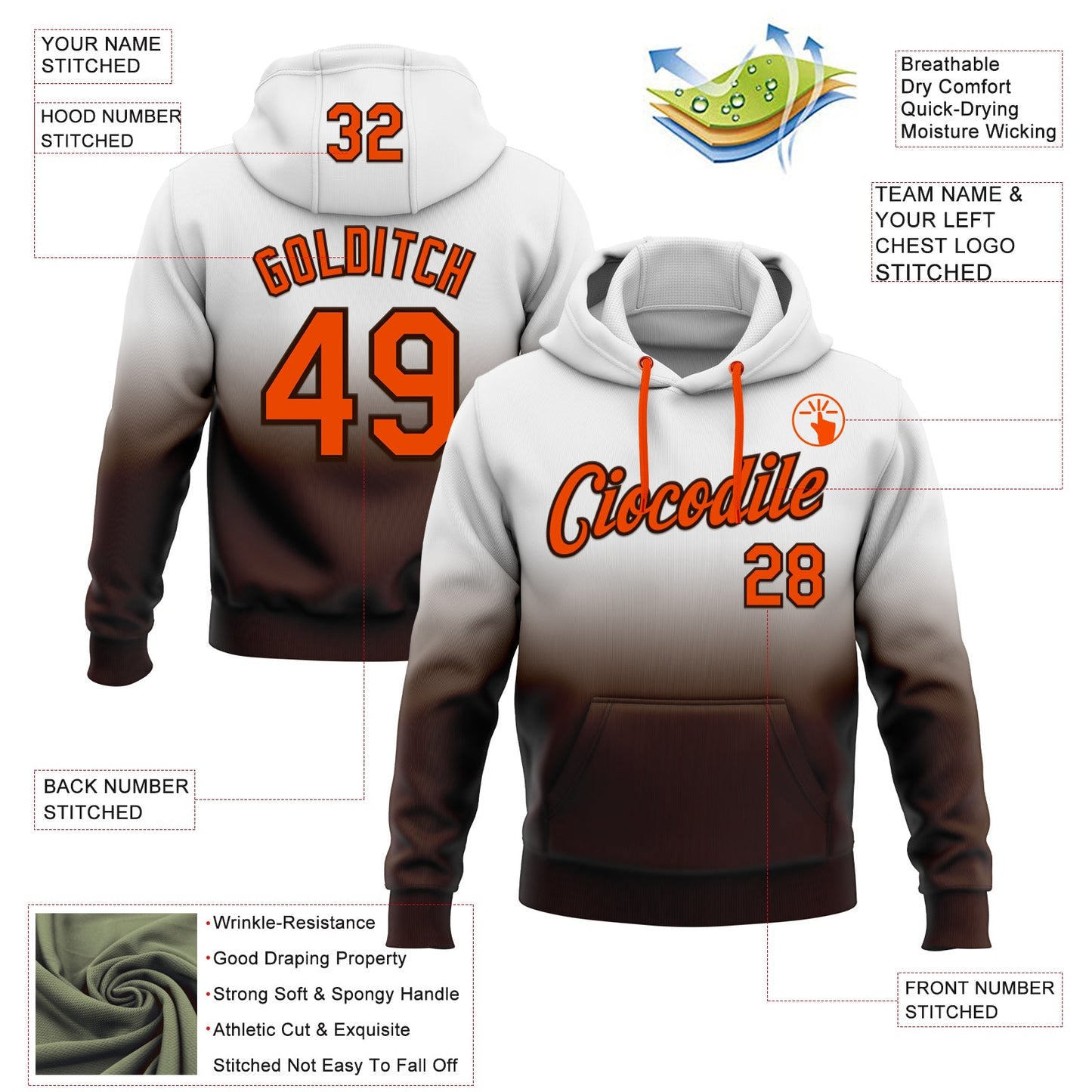 Custom Stitched White Orange-Brown Fade Fashion Sports Pullover Sweatshirt Hoodie view 2