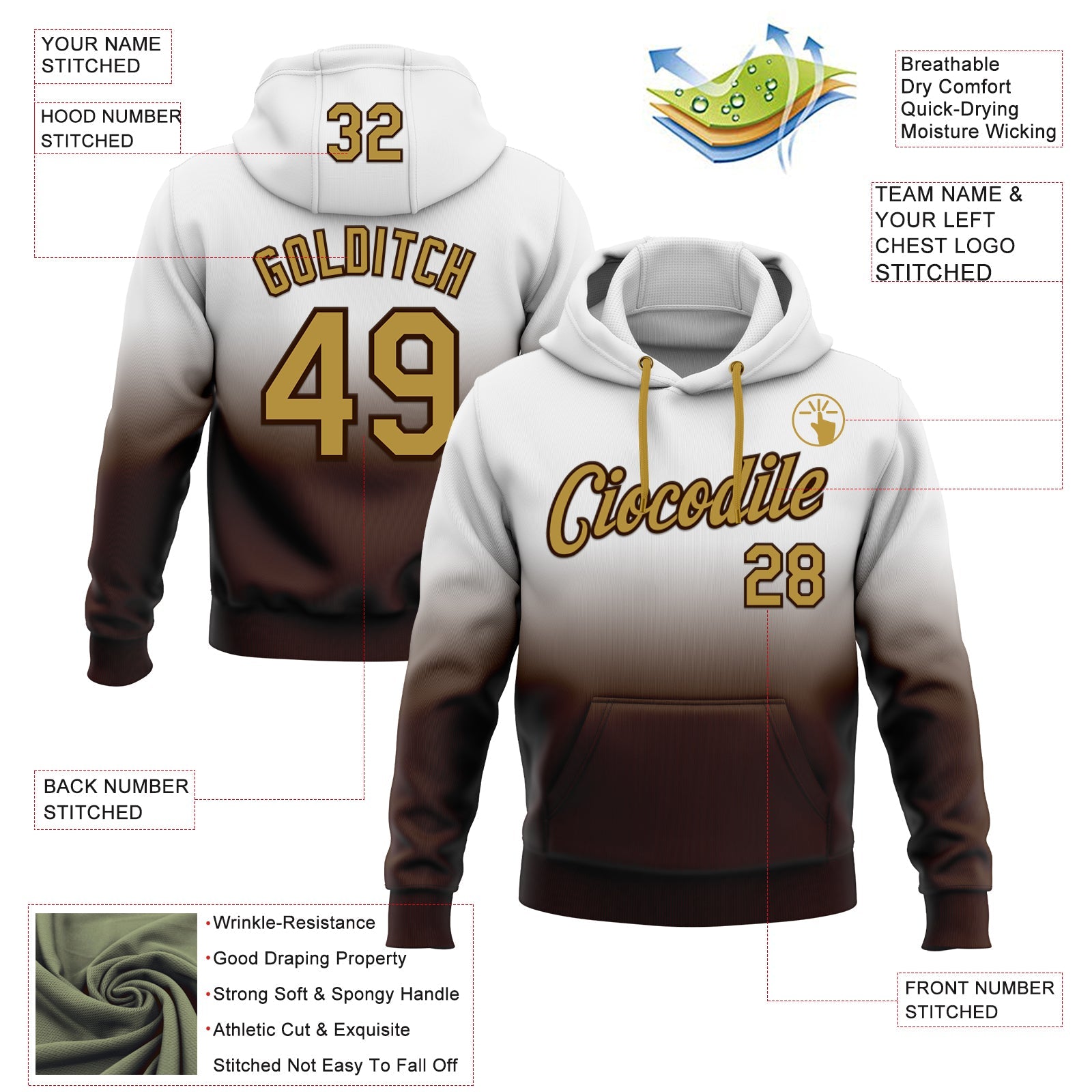 Custom Stitched White Old Gold-Brown Fade Fashion Sports Pullover Sweatshirt Hoodie view 2