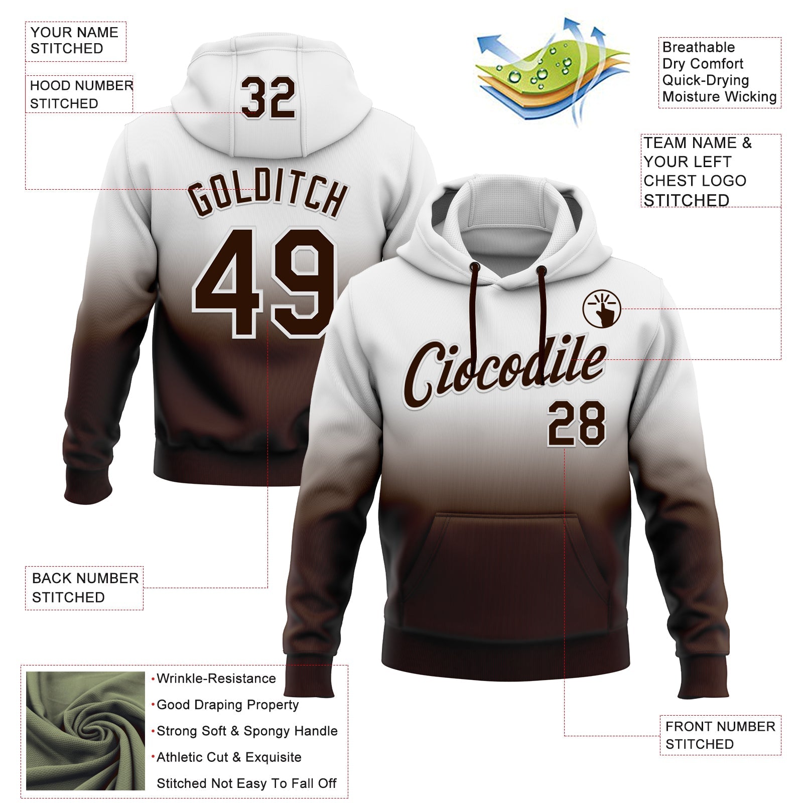 Custom Stitched White Brown Fade Fashion Sports Pullover Sweatshirt Hoodie view 2