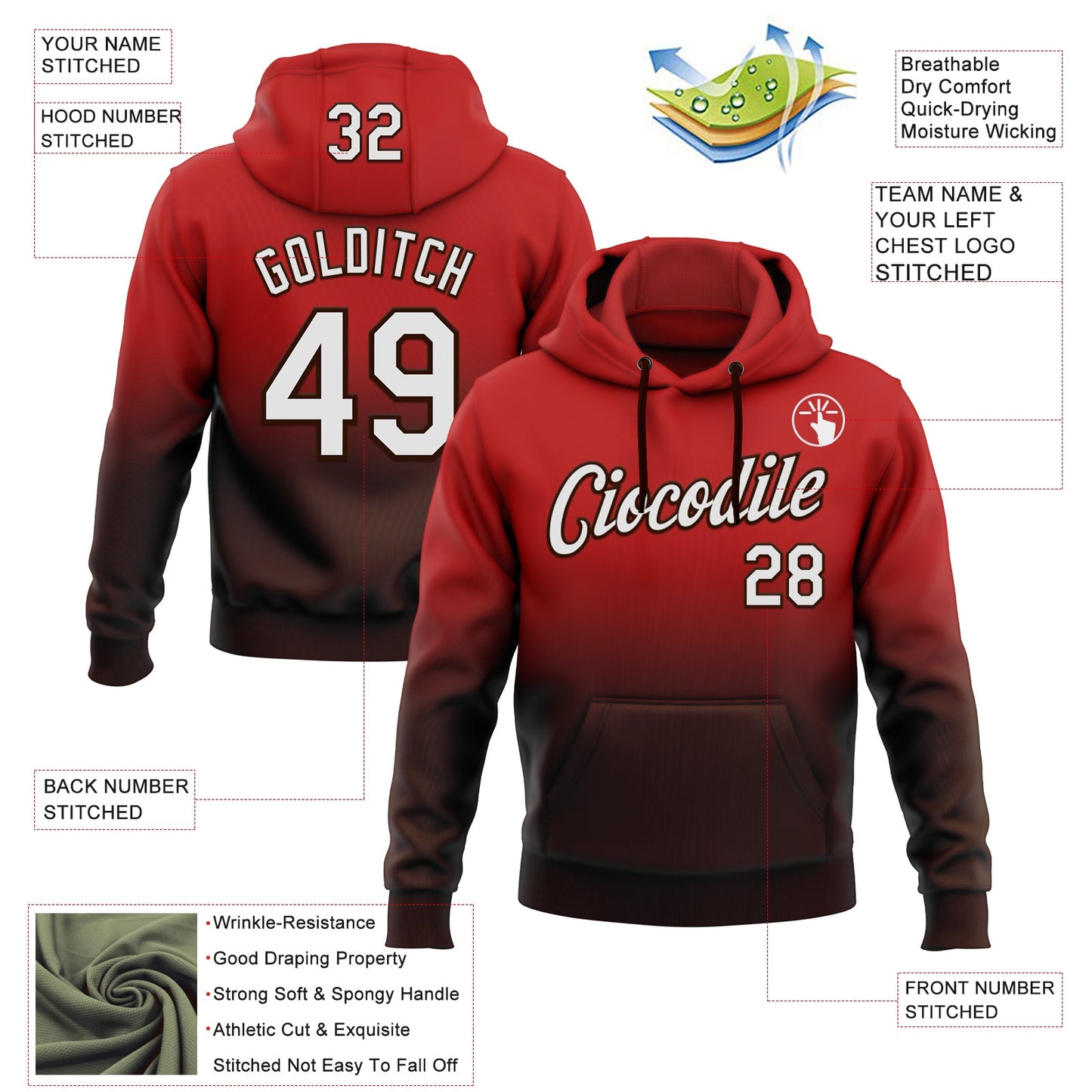 Custom Stitched Red White-Brown Fade Fashion Sports Pullover Sweatshirt Hoodie view 2
