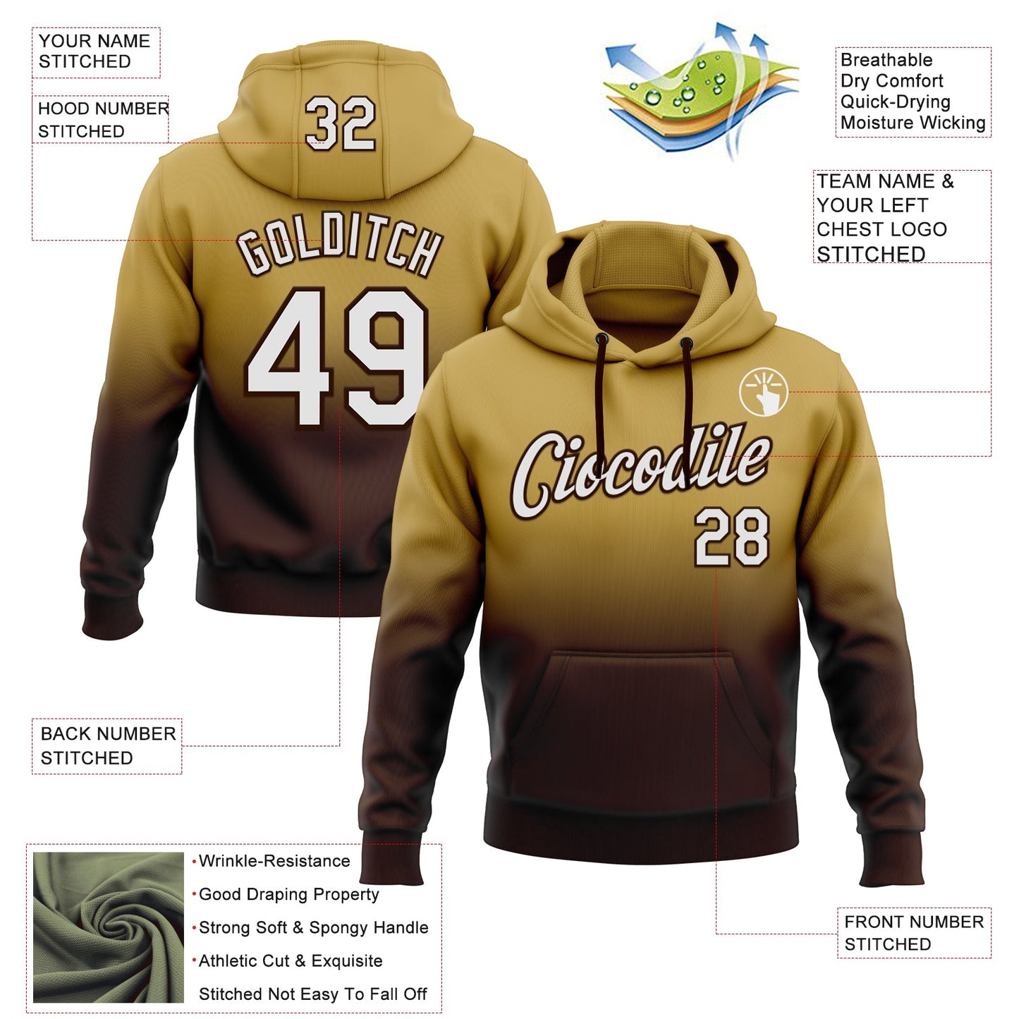 Custom Stitched Old Gold White-Brown Fade Fashion Sports Pullover Sweatshirt Hoodie view 2