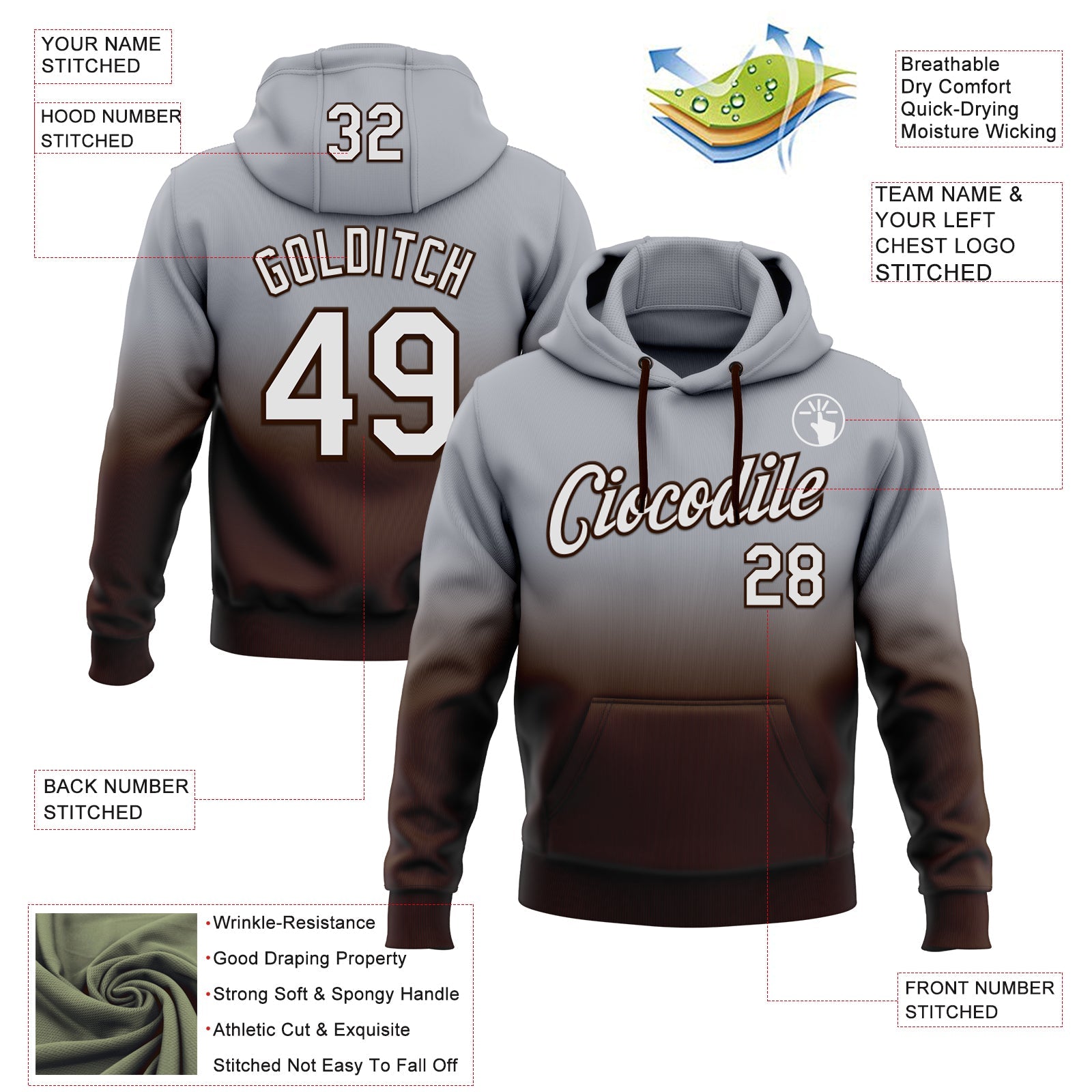Custom Stitched Gray White-Brown Fade Fashion Sports Pullover Sweatshirt Hoodie view 2