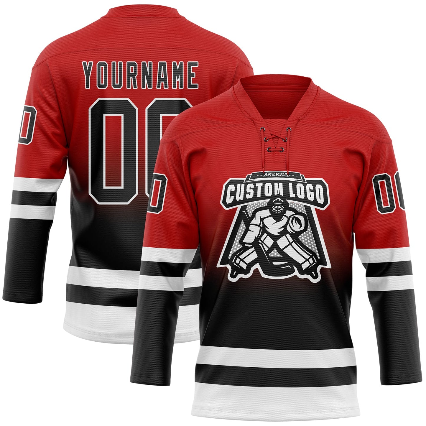 Custom Red Black-White Fade Fashion Hockey Lace Neck Jersey view 2
