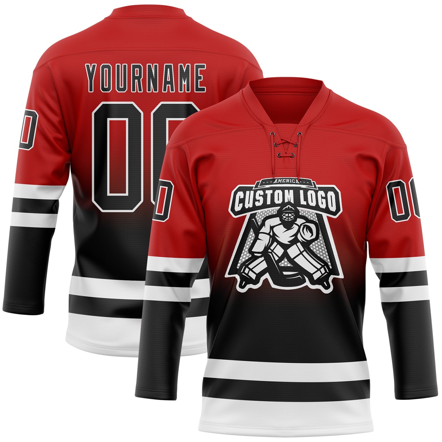 Custom Red Black-White Fade Fashion Hockey Lace Neck Jersey view 2