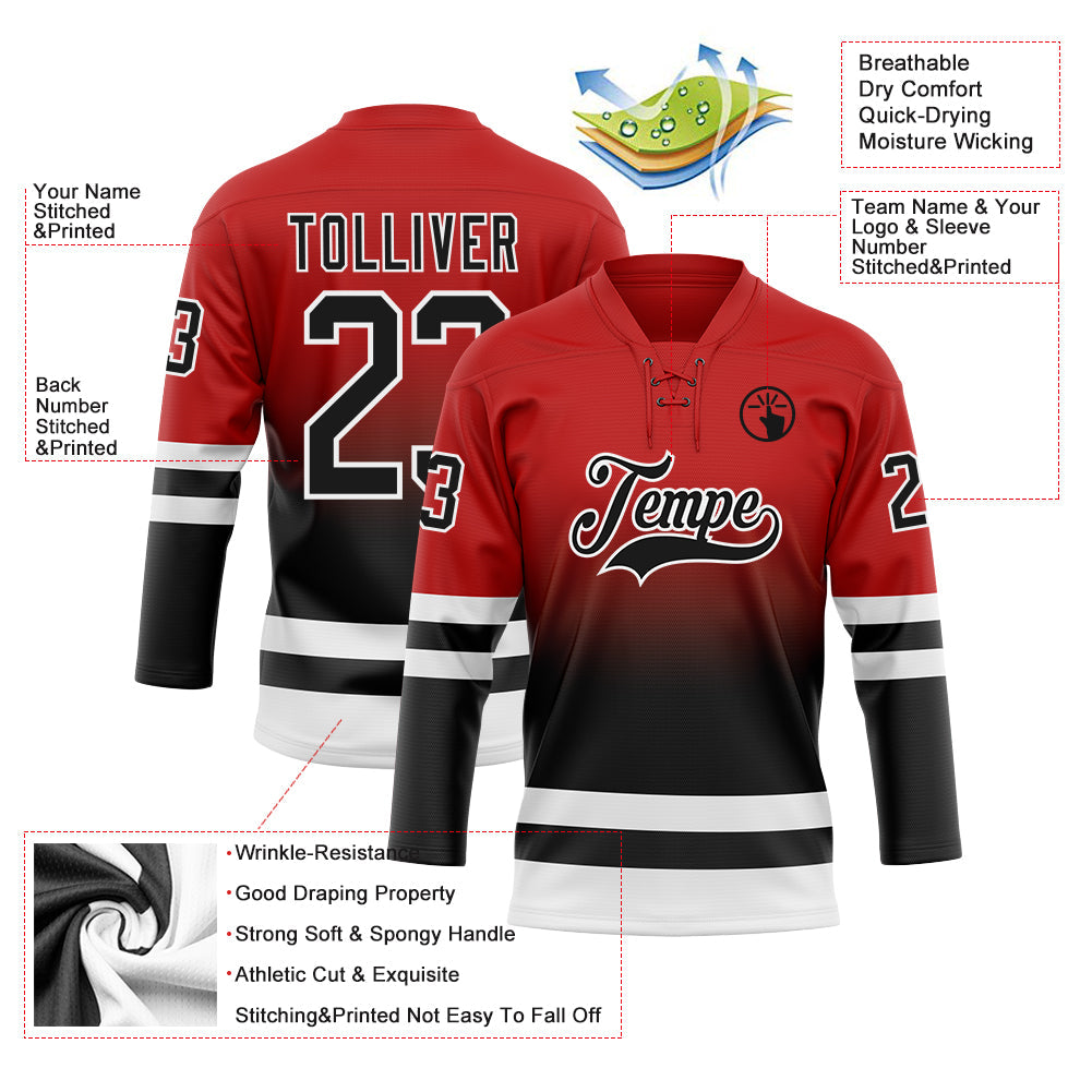 Custom Red Black-White Fade Fashion Hockey Lace Neck Jersey view 5