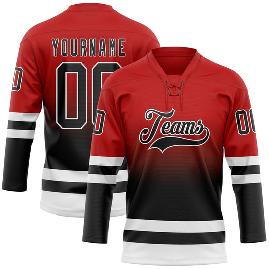 Custom Red Black-White Fade Fashion Hockey Lace Neck Jersey - Main View