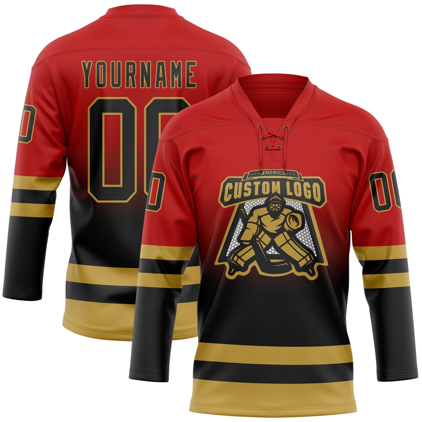 Custom Red Black-Old Gold Fade Fashion Hockey Lace Neck Jersey view 2
