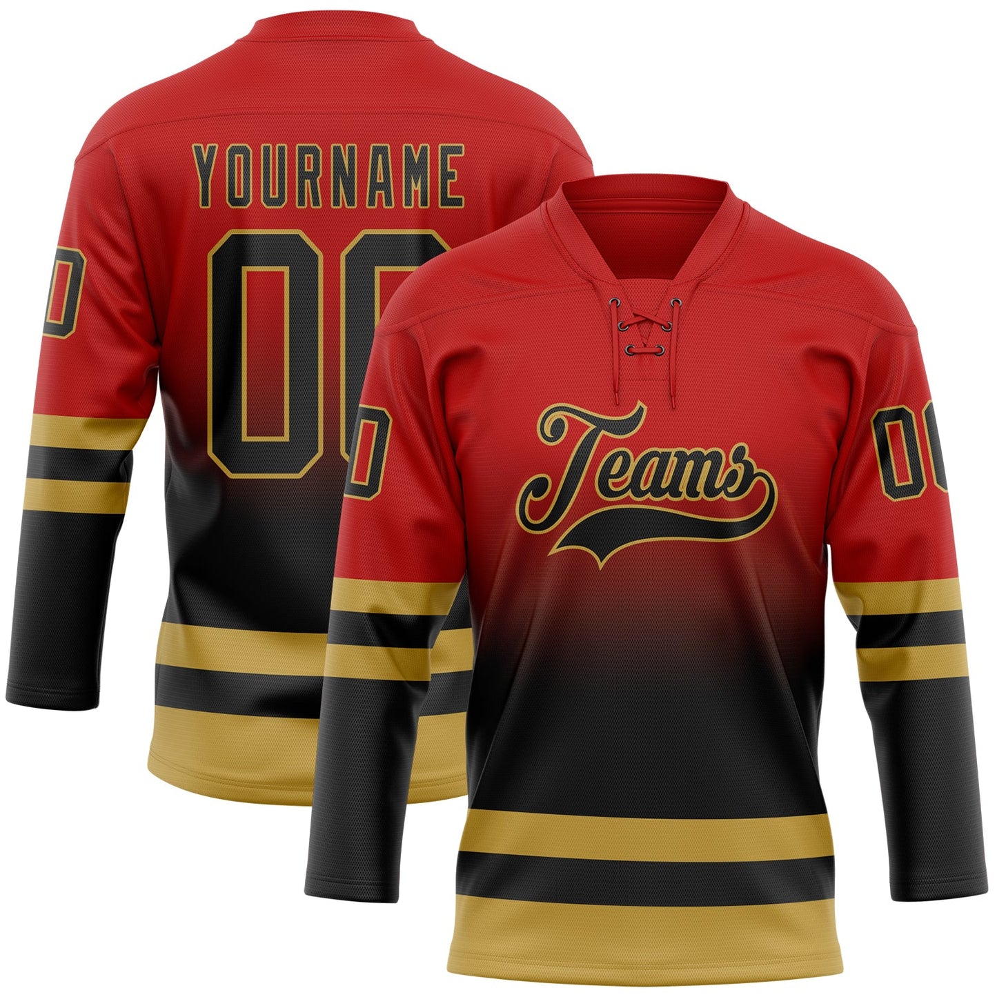 Custom Red Black-Old Gold Fade Fashion Hockey Lace Neck Jersey - Main View