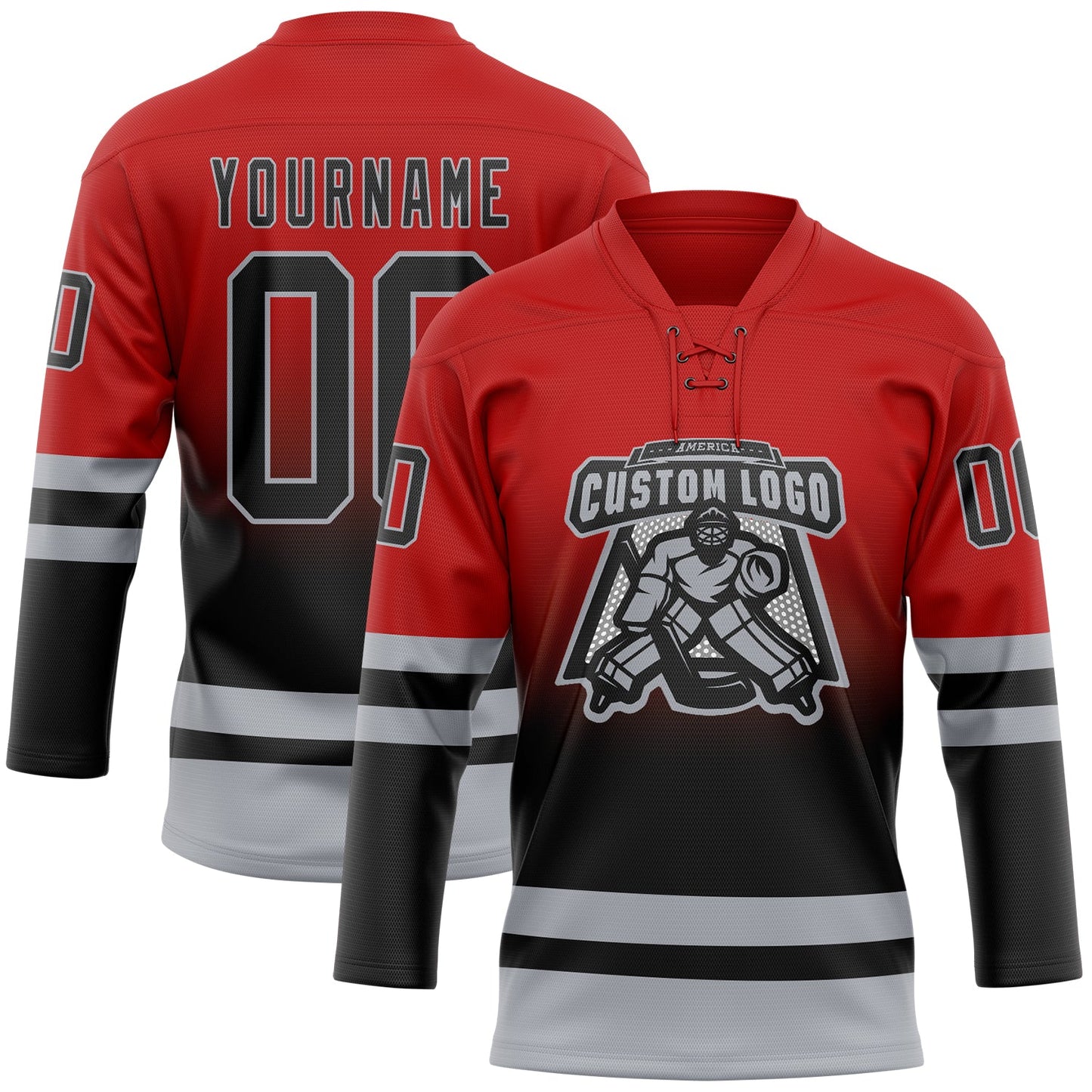 Custom Red Black-Gray Fade Fashion Hockey Lace Neck Jersey view 2