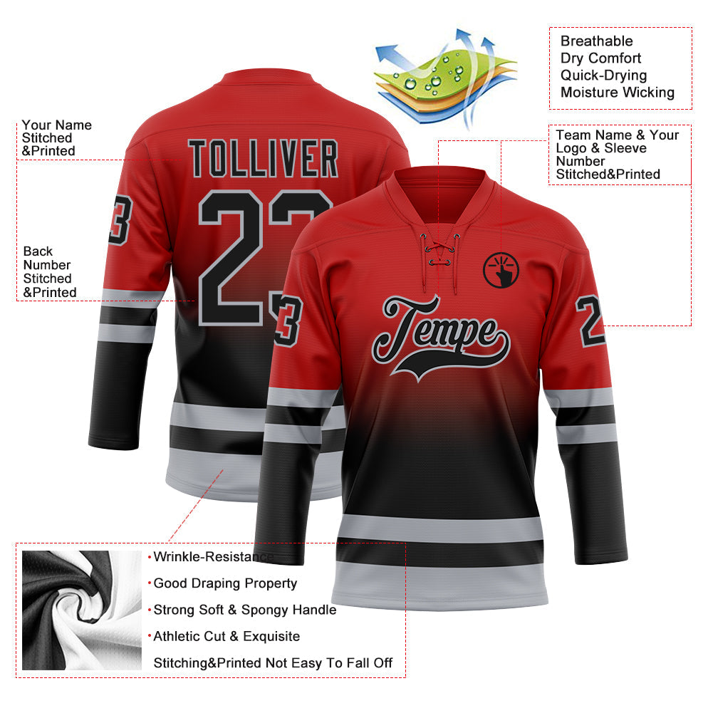Custom Red Black-Gray Fade Fashion Hockey Lace Neck Jersey view 5