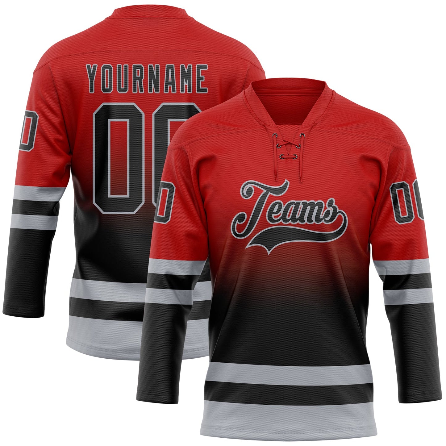 Custom Red Black-Gray Fade Fashion Hockey Lace Neck Jersey - Main View