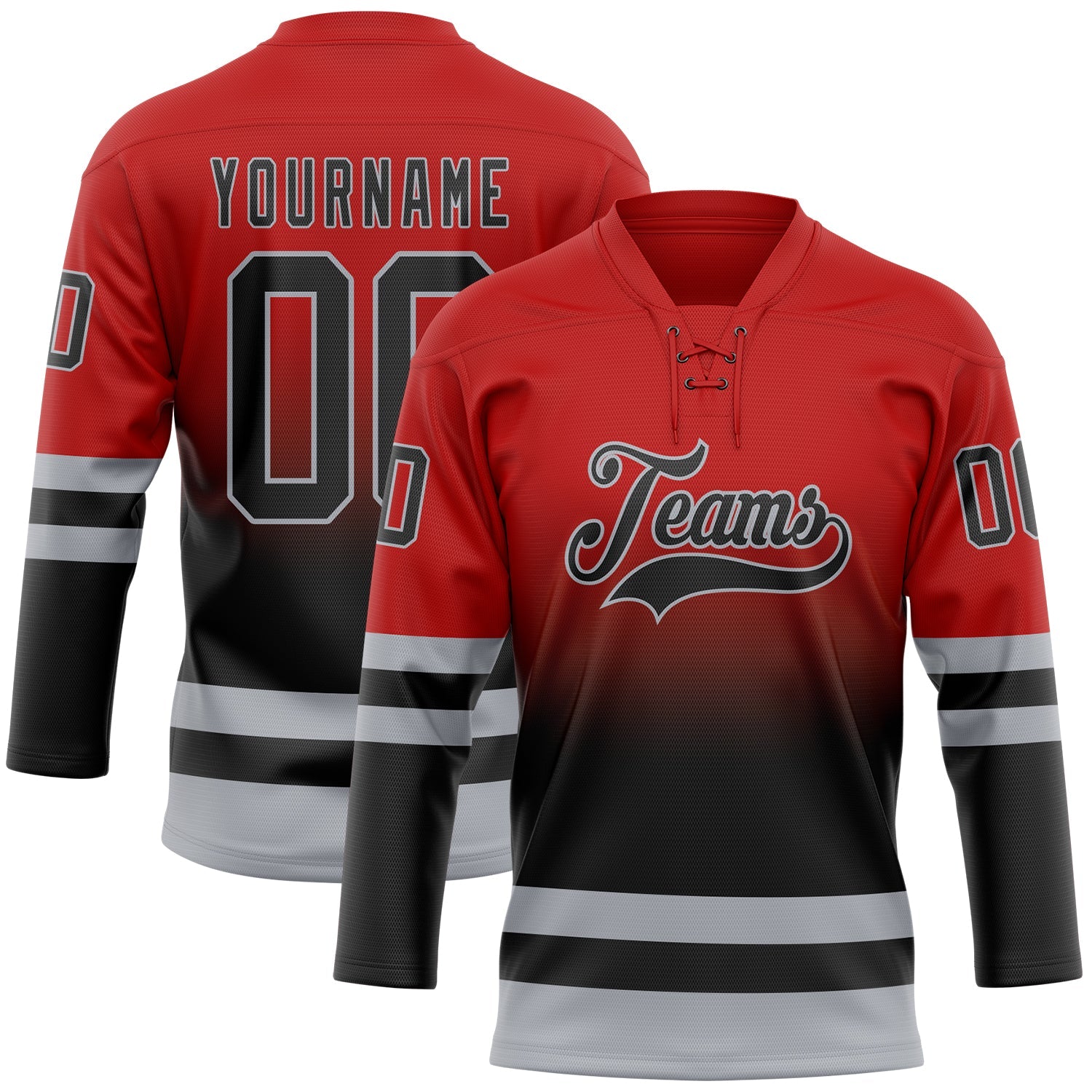 Custom Red Black-Gray Fade Fashion Hockey Lace Neck Jersey - Main View
