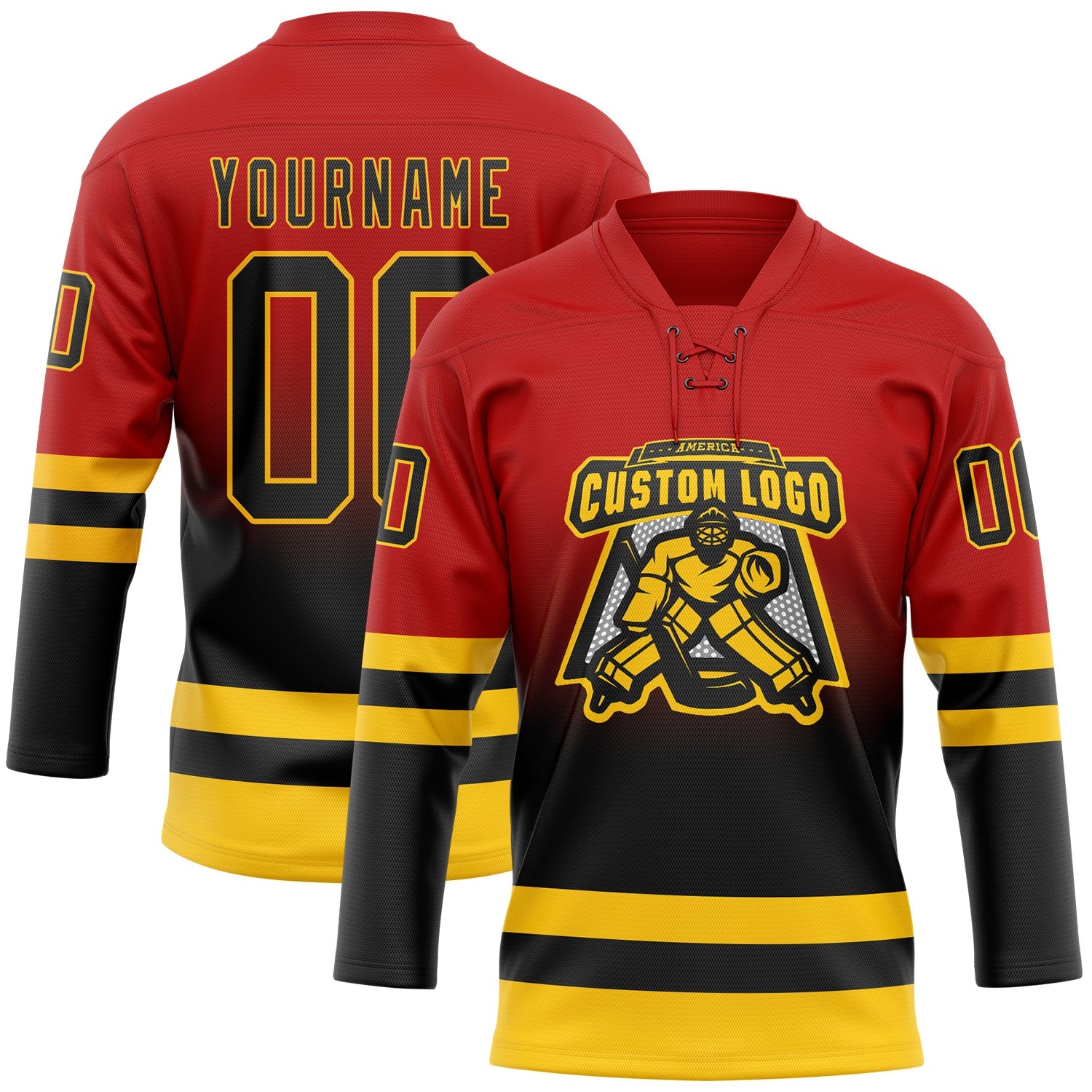 Custom Red Black-Yellow Fade Fashion Hockey Lace Neck Jersey view 2