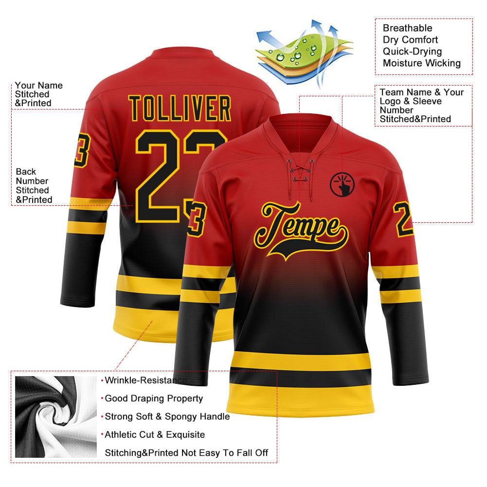 Custom Red Black-Yellow Fade Fashion Hockey Lace Neck Jersey view 5