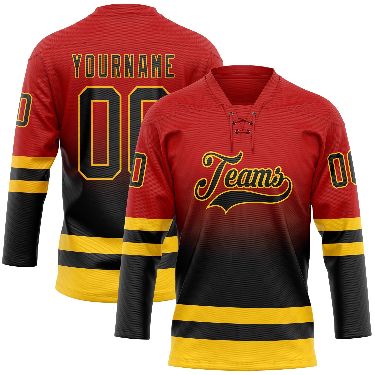 Custom Red Black-Yellow Fade Fashion Hockey Lace Neck Jersey - Main View