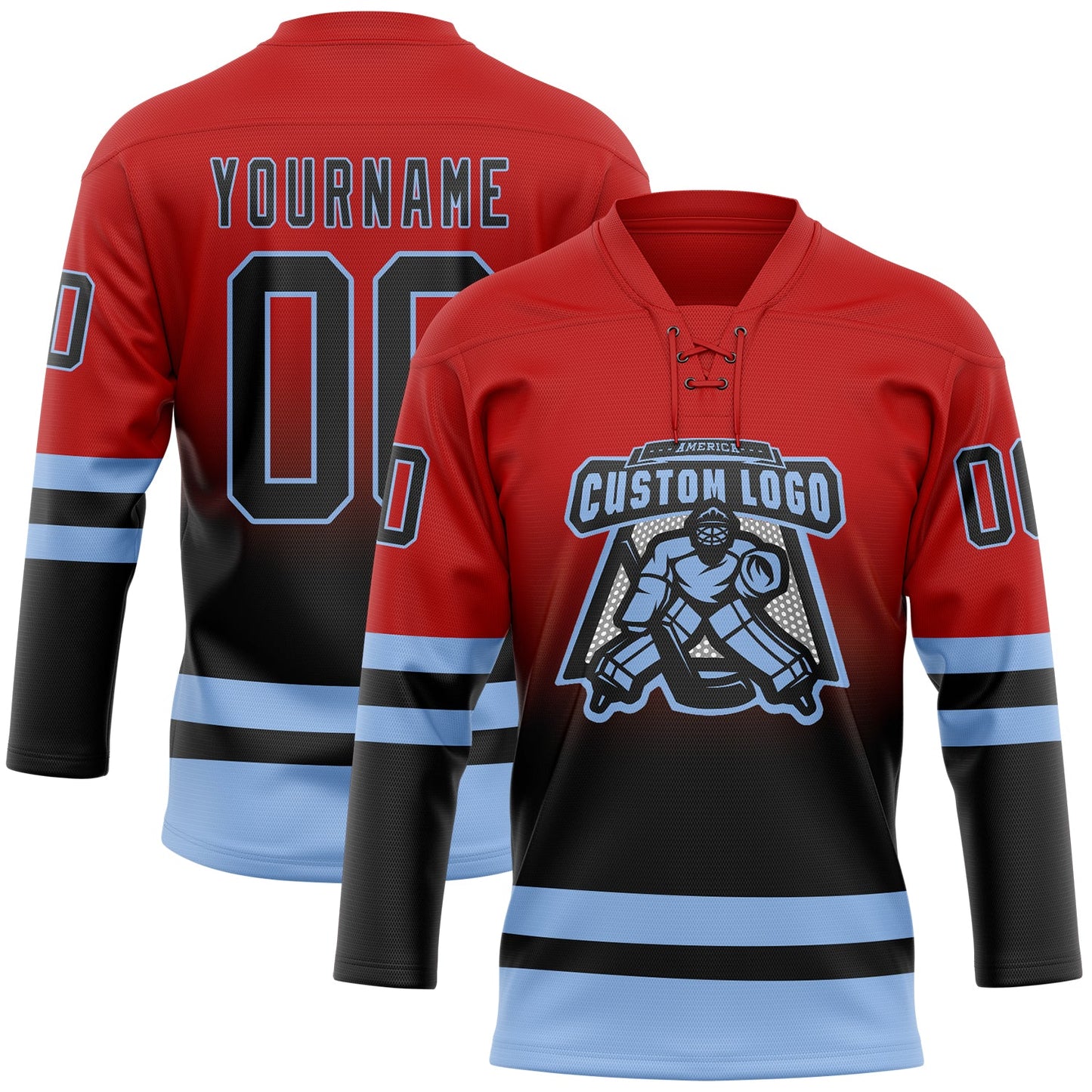 Custom Red Black-Light Blue Fade Fashion Hockey Lace Neck Jersey view 2