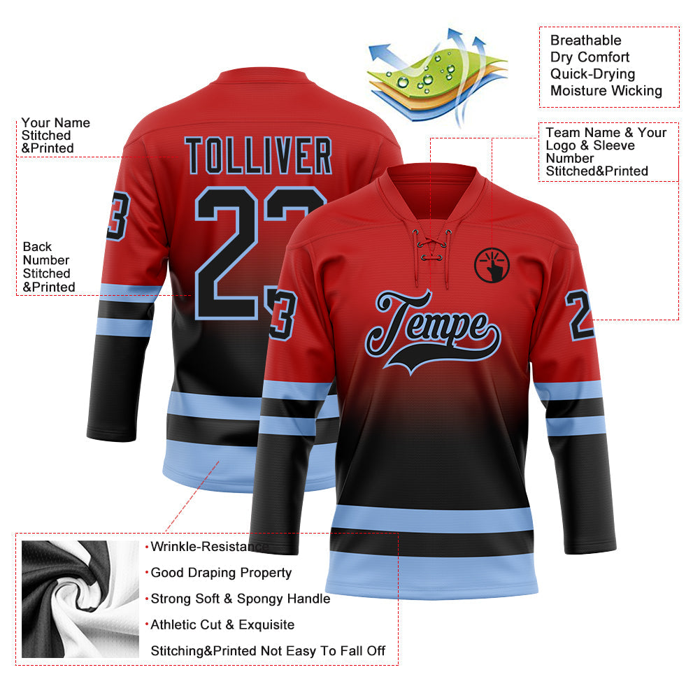 Custom Red Black-Light Blue Fade Fashion Hockey Lace Neck Jersey view 5