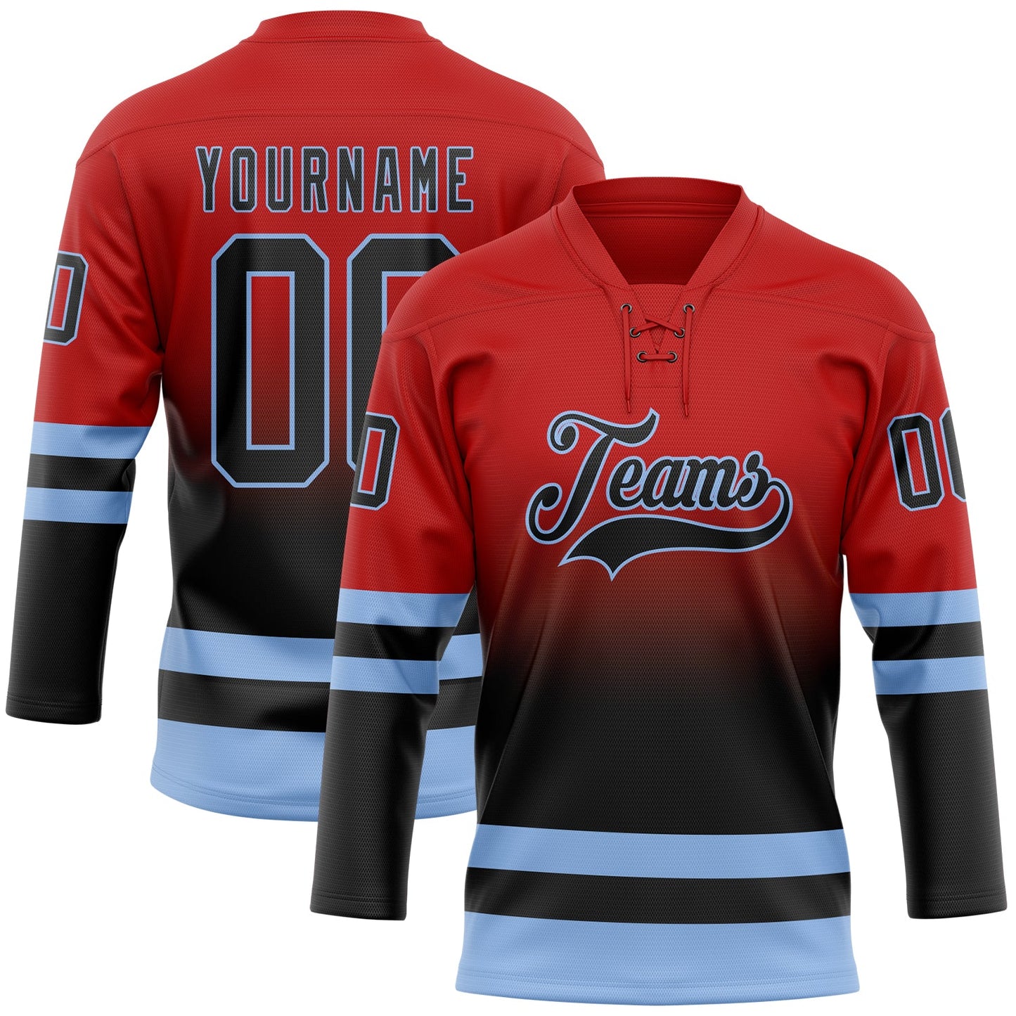 Custom Red Black-Light Blue Fade Fashion Hockey Lace Neck Jersey - Main View