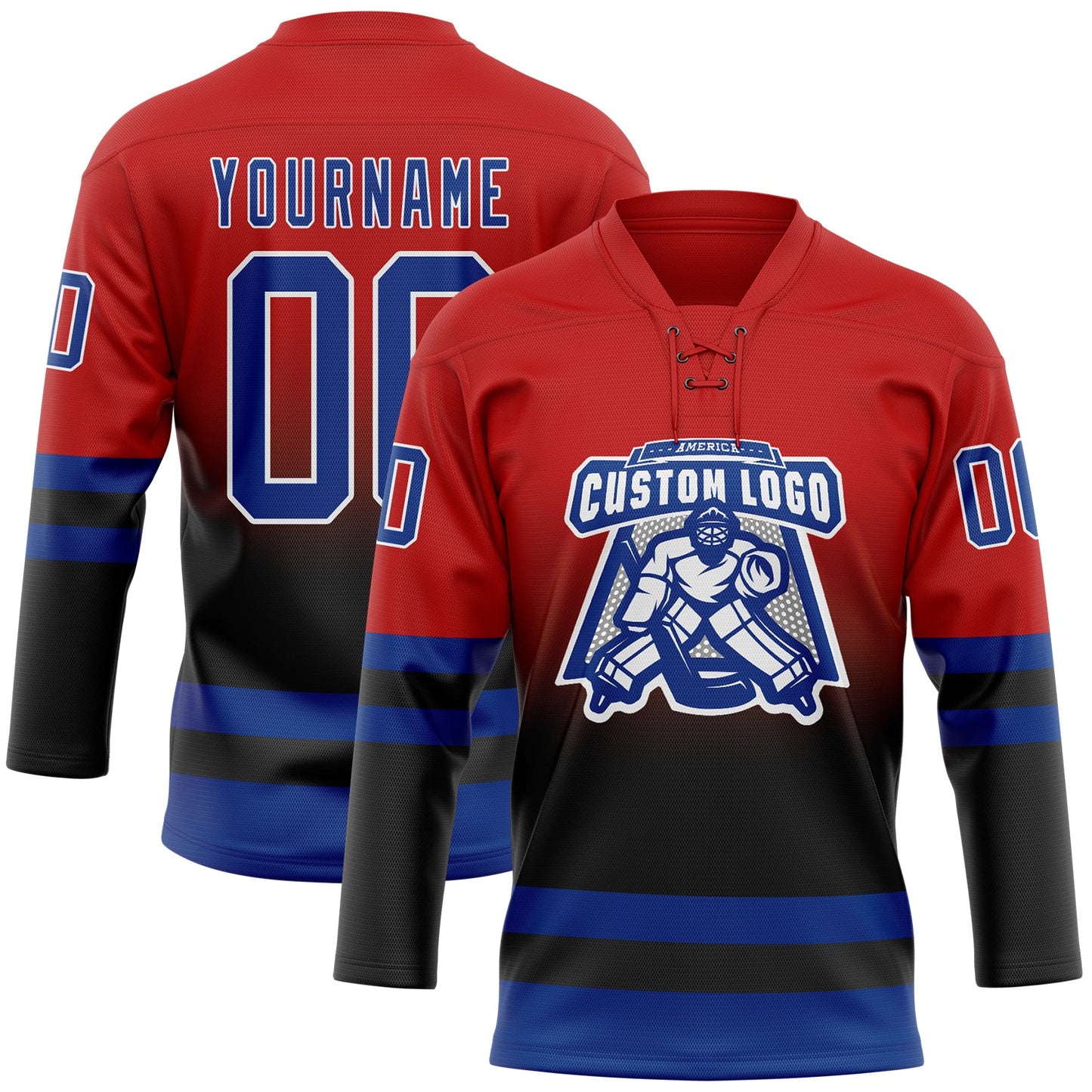 Custom Red Royal Black-White Fade Fashion Hockey Lace Neck Jersey view 2