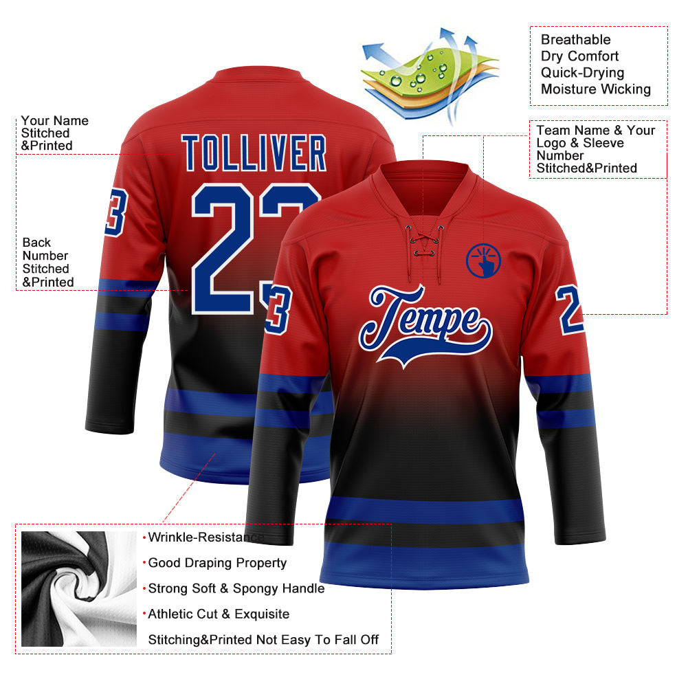 Custom Red Royal Black-White Fade Fashion Hockey Lace Neck Jersey view 5