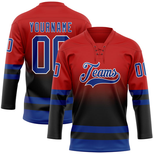 Custom Red Royal Black-White Fade Fashion Hockey Lace Neck Jersey - Main View