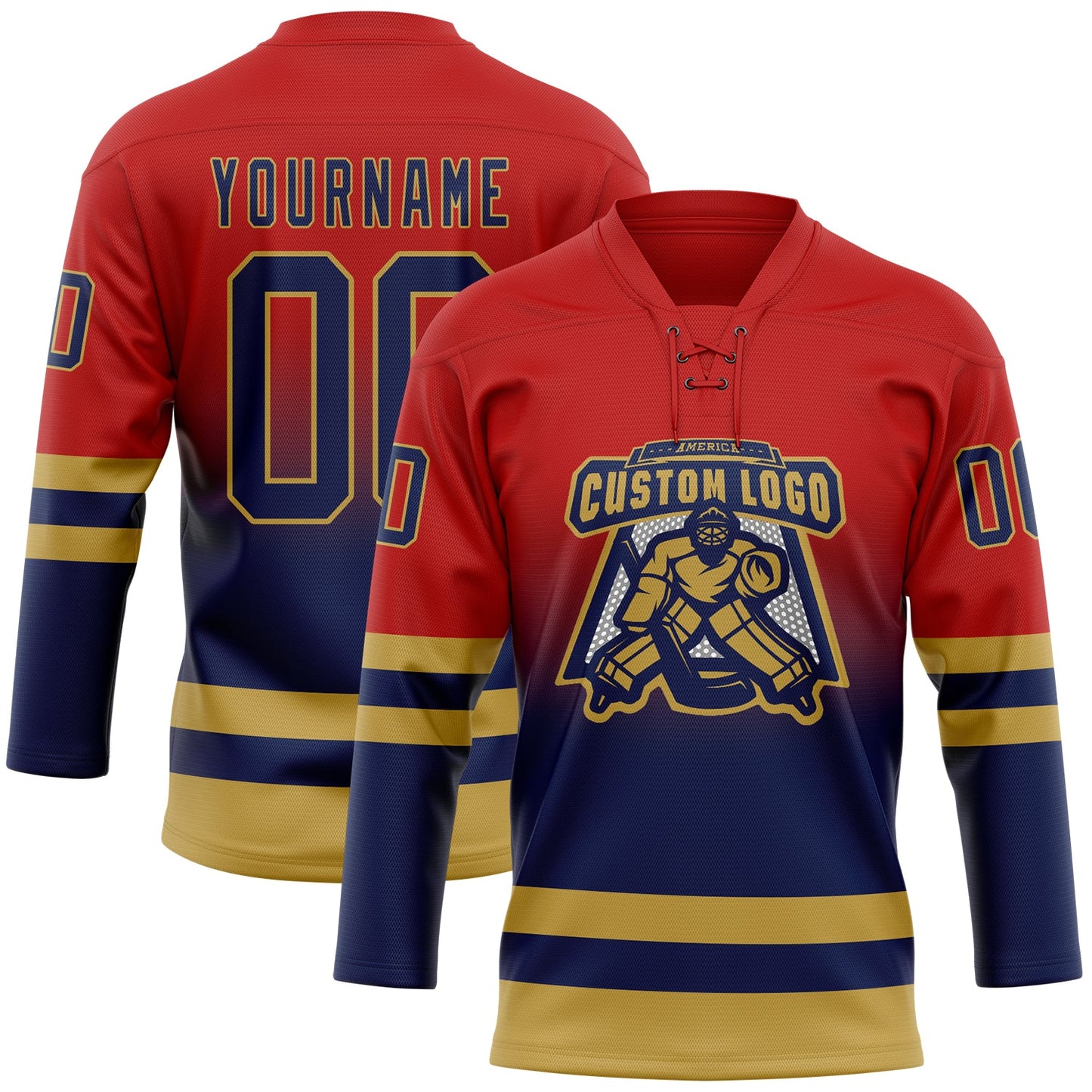Custom Red Navy-Old Gold Fade Fashion Hockey Lace Neck Jersey view 2