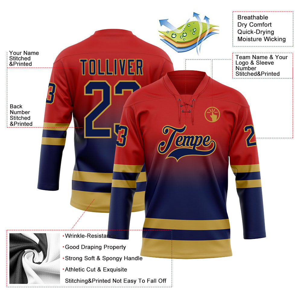 Custom Red Navy-Old Gold Fade Fashion Hockey Lace Neck Jersey view 5