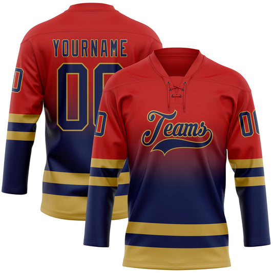Custom Red Navy-Old Gold Fade Fashion Hockey Lace Neck Jersey - Main View