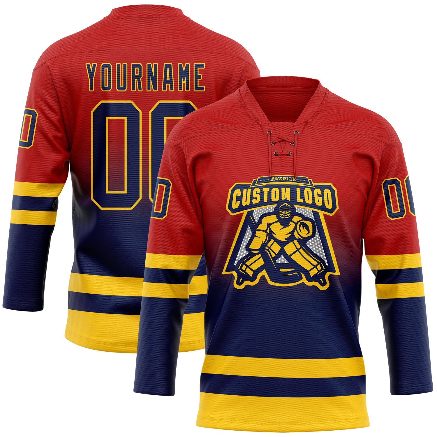 Custom Red Navy-Yellow Fade Fashion Hockey Lace Neck Jersey view 2