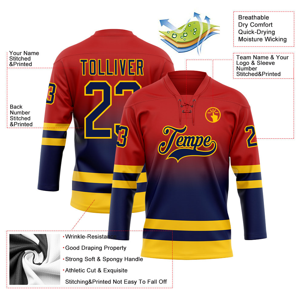Custom Red Navy-Yellow Fade Fashion Hockey Lace Neck Jersey view 5