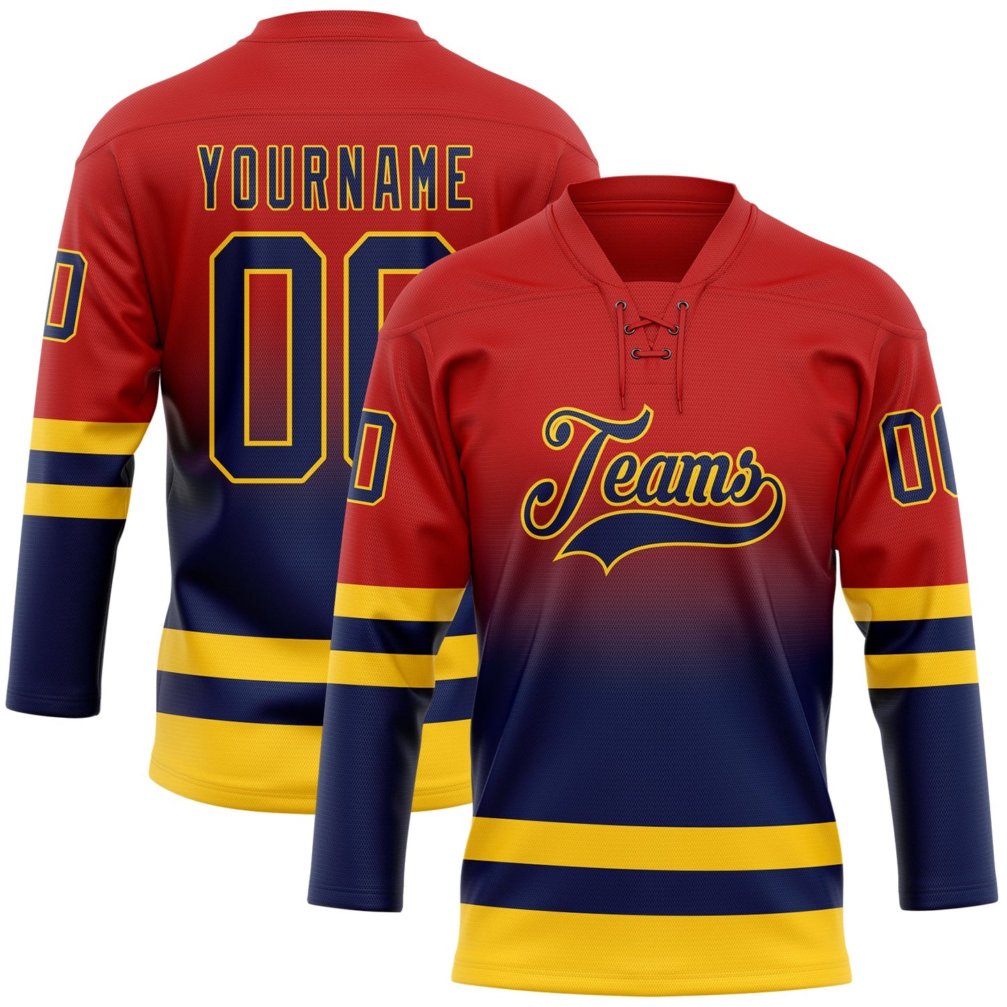 Custom Red Navy-Yellow Fade Fashion Hockey Lace Neck Jersey - Main View