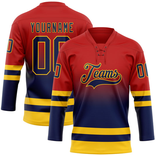 Custom Red Navy-Yellow Fade Fashion Hockey Lace Neck Jersey - Main View