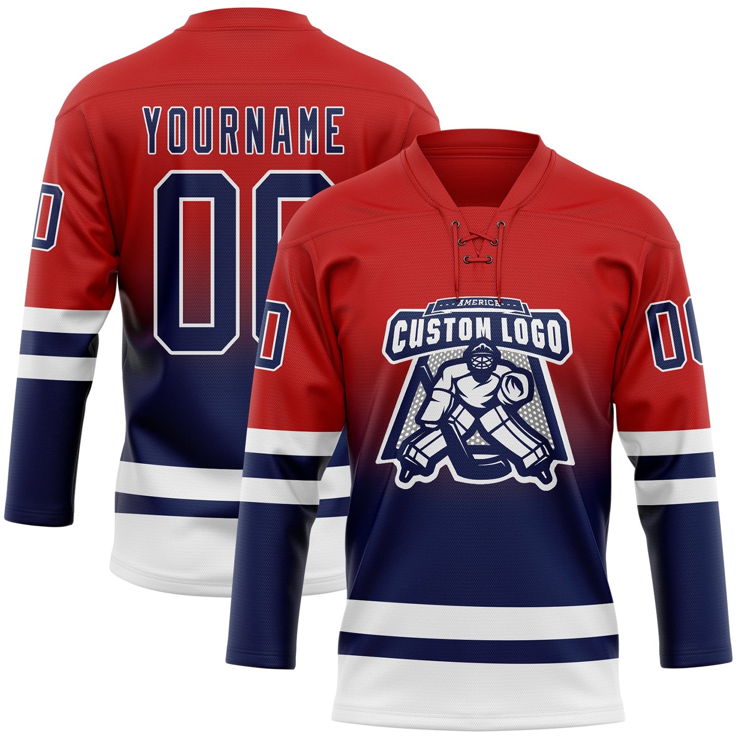 Custom Red Navy-White Fade Fashion Hockey Lace Neck Jersey view 2